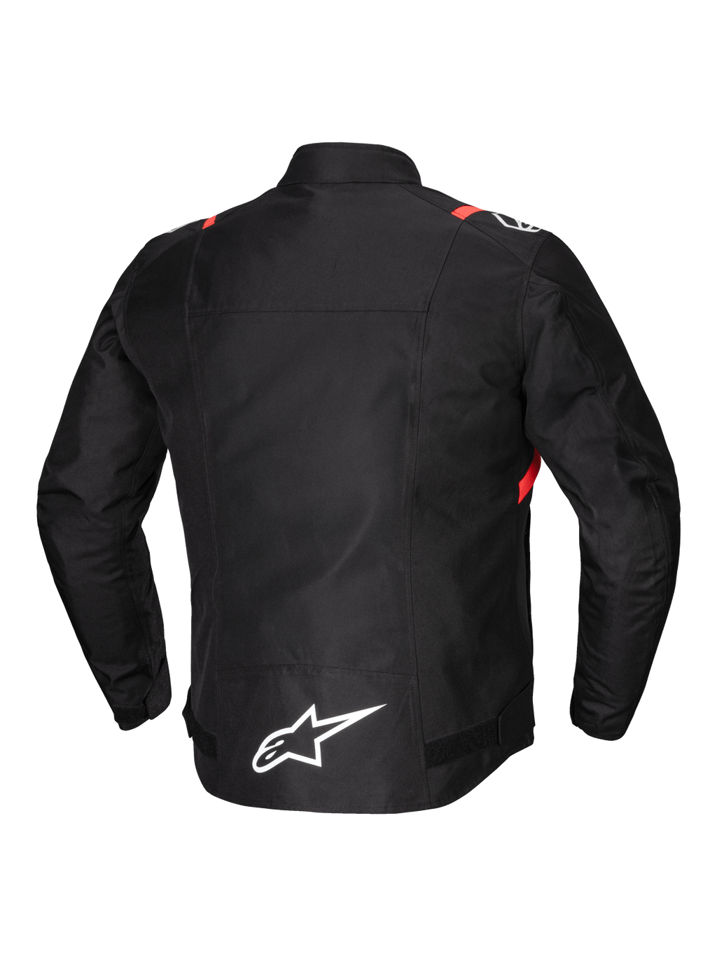 Alpinestars T-SPS V2 Waterproof Jacket, casaco de moto têxtil para homem, vista traseira, preto com detalhes em branco e vermelho fluo, com pormenores refletores e costas alongadas