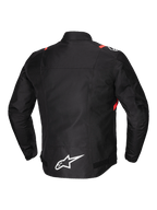 Alpinestars T-SPS V2 Waterproof Jacket, casaco de moto têxtil para homem, vista traseira, preto com detalhes em branco e vermelho fluo, com pormenores refletores e costas alongadas