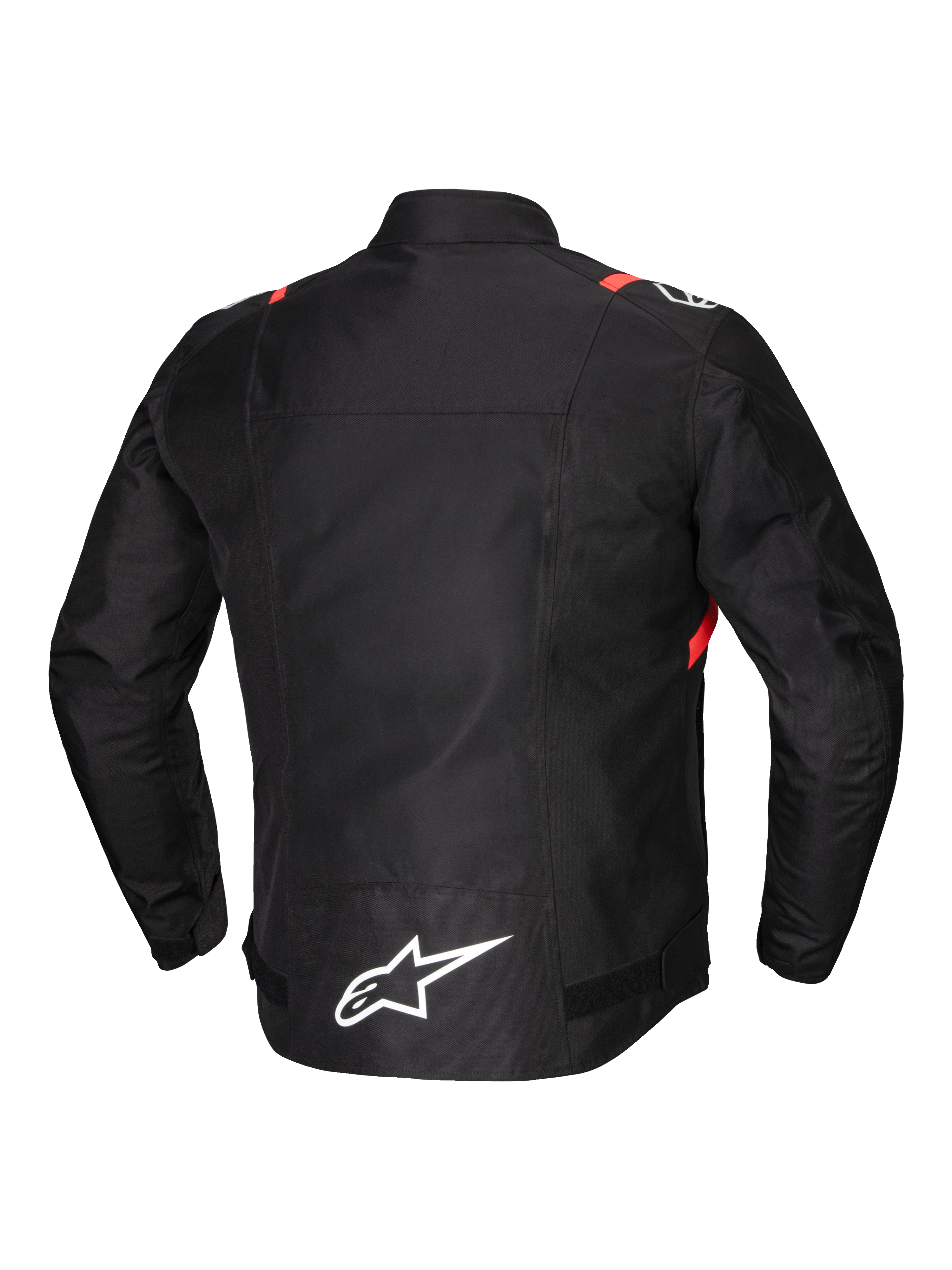 Alpinestars T-SPS V2 Waterproof Jacket, casaco de moto têxtil para homem, vista traseira, preto com detalhes em branco e vermelho fluo, com pormenores refletores e costas alongadas