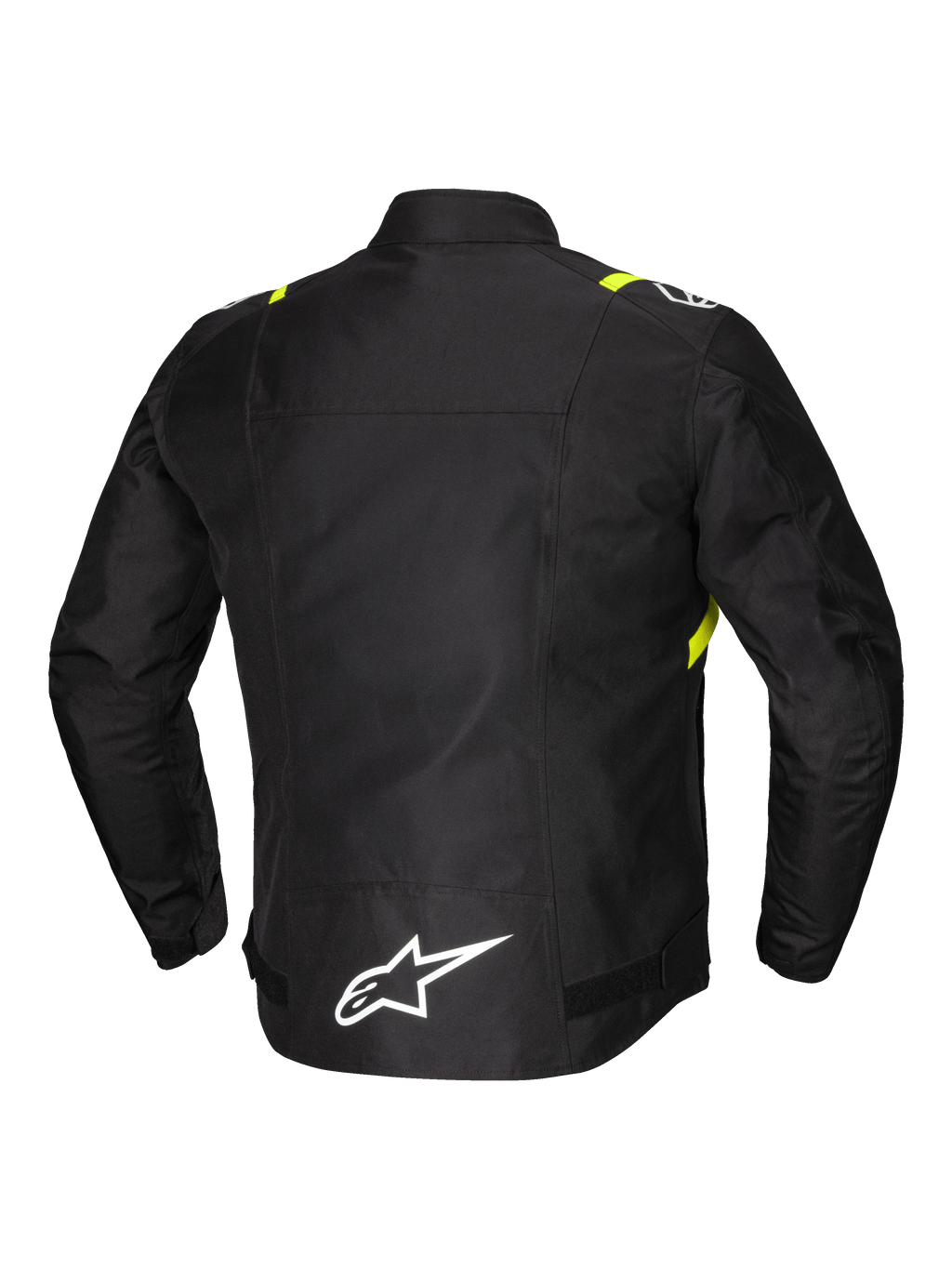 Alpinestars Jaqueta T-SPS V2 Impermeável, casaco de moto têxtil para homem, vista traseira com detalhes refletores e logótipo branco na parte inferior das costas, preto com apontamentos em branco e amarelo fluo