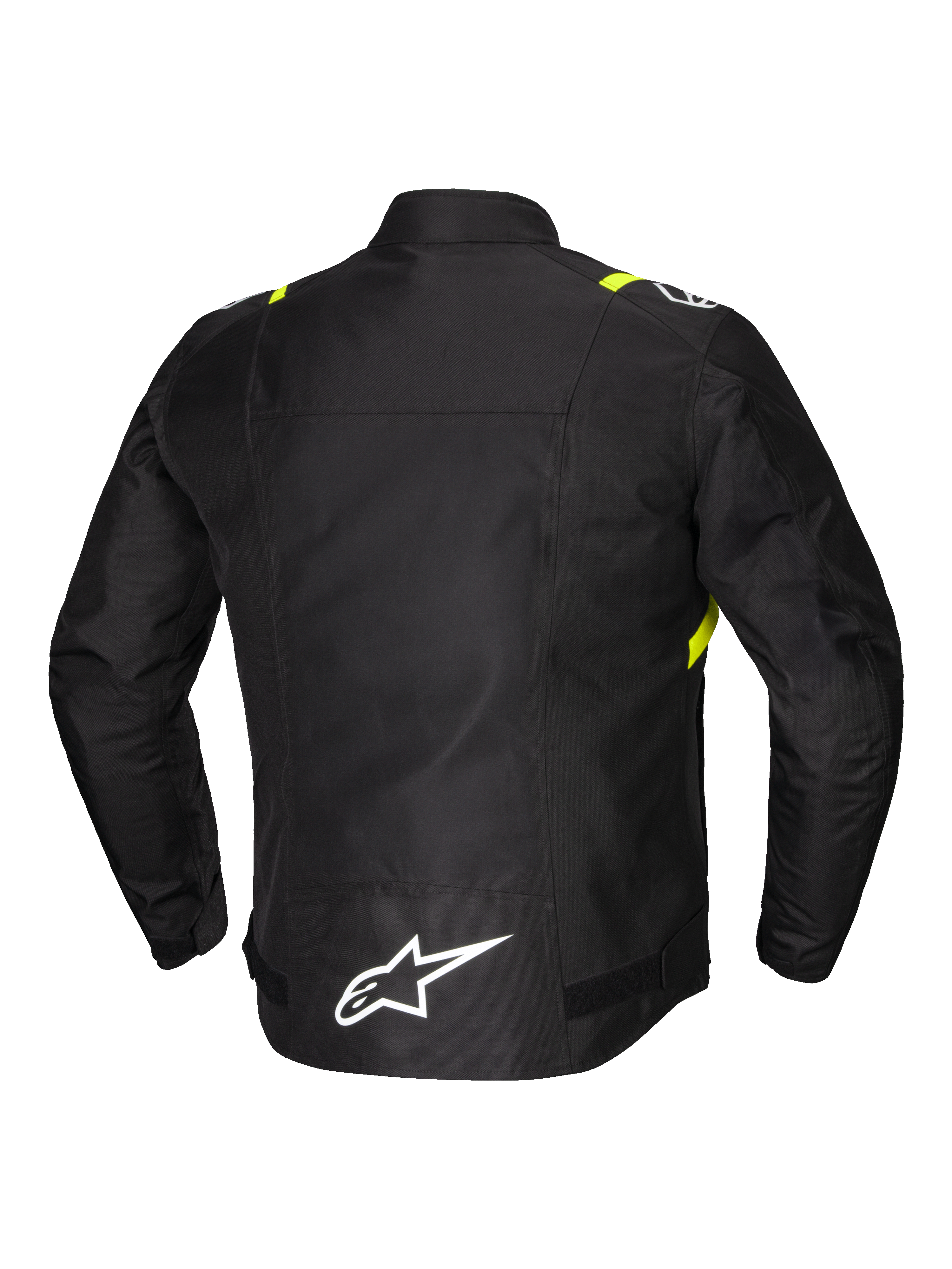 Alpinestars Jaqueta T-SPS V2 Impermeável, casaco de moto têxtil para homem, vista traseira com detalhes refletores e logótipo branco na parte inferior das costas, preto com apontamentos em branco e amarelo fluo