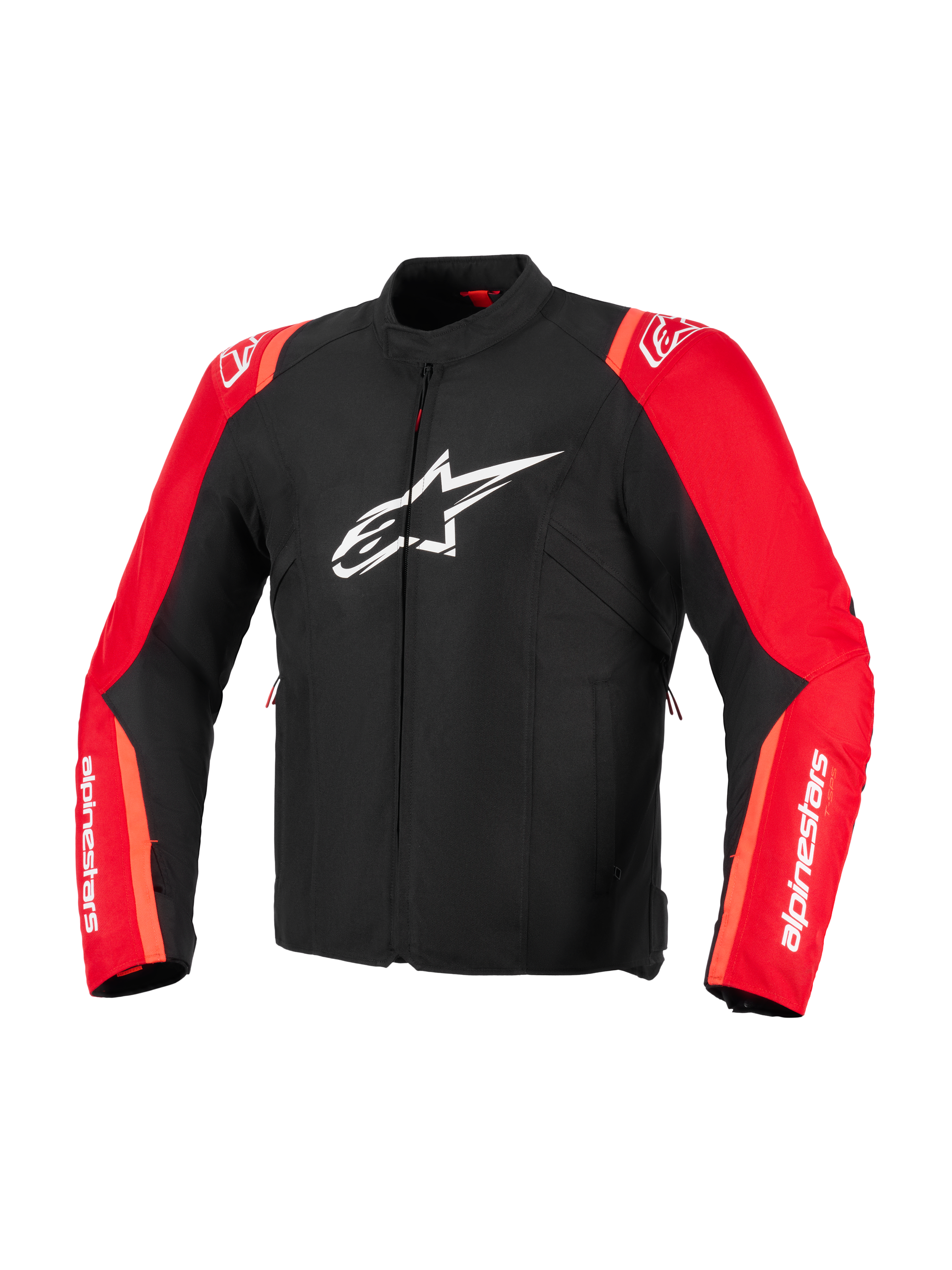 Alpinestars T-SPS V2 Waterproof Jacket, Black and Red Fluo, Textile Motorcycle Jacket, featuring white Alpinestars star logo on the chest and white branding on the sleeves, sport-cut racing-inspired design