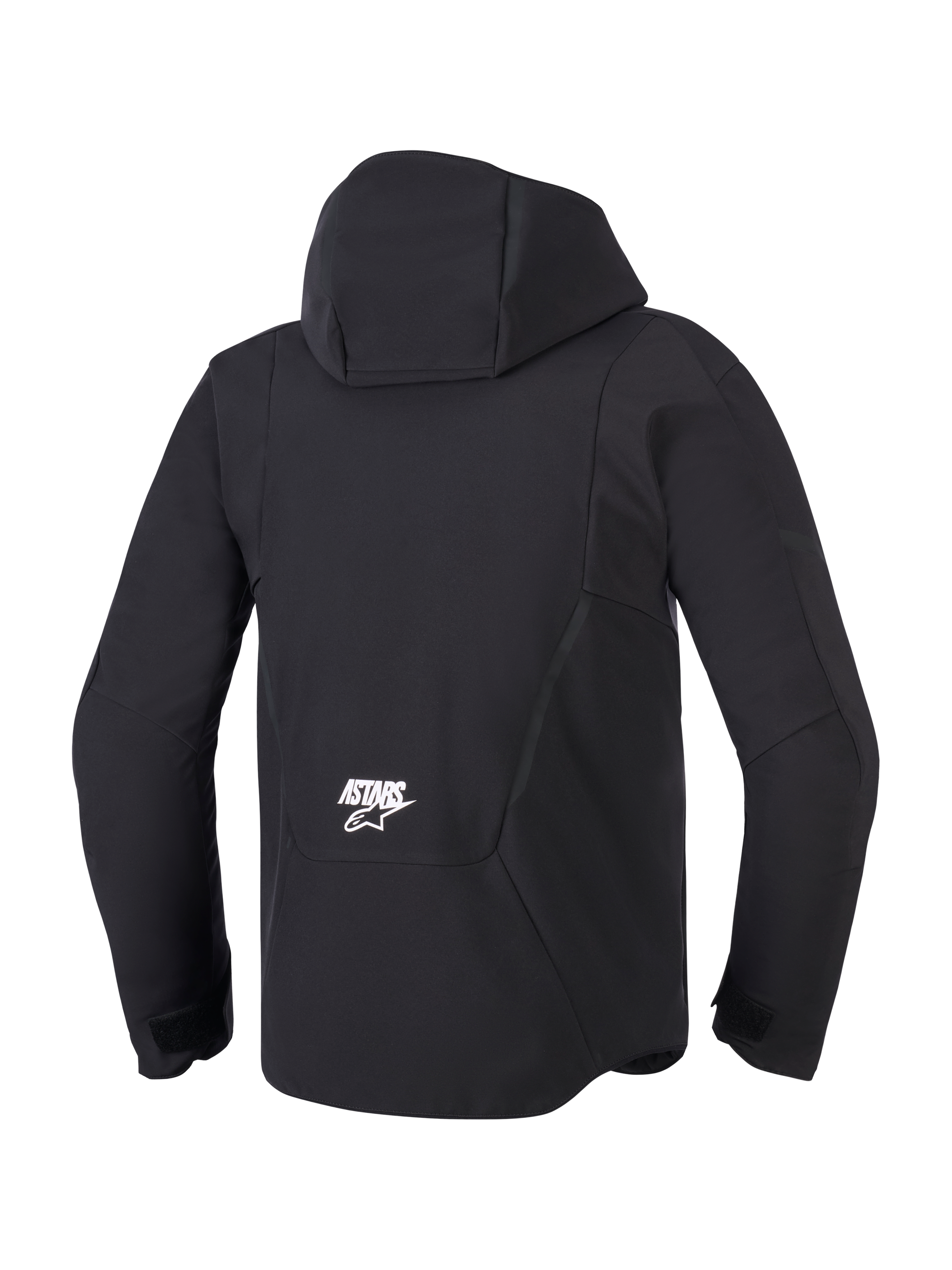 Alpinestars Aeroshell Waterproof Jacket, Black, back view featuring the integrated hood and white ASTARS logo on the lower back, modern softshell motorcycle jacket with technical waterproof design