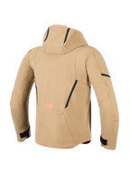 Alpinestars Aeroshell Waterproof Jacket, Rear view, Dark Khaki with Black and Orange Fluo accents, featuring a hood, black contrast lines, and orange branding, sports softshell motorcycle hoodie