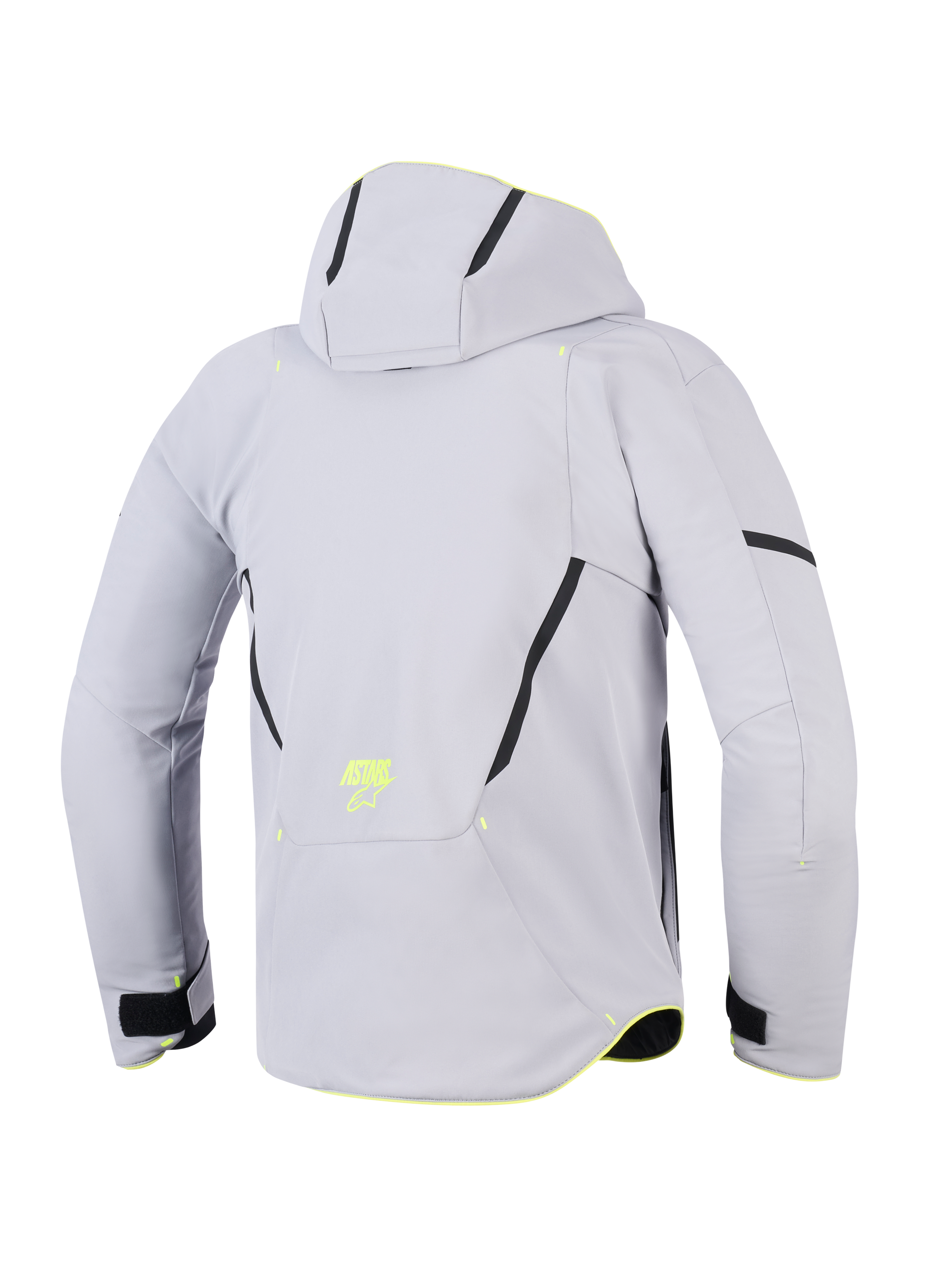 Casaco Alpinestars Aeroshell Waterproof, Mid Gray Yellow Fluo, vista traseira de um casaco de motociclismo com capuz, softshell têxtil cinzento claro com detalhes diagonais pretos, logótipo ASTARS em amarelo fluorescente na parte inferior das costas, design moderno de estilo desportivo.