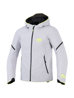 Casaco Alpinestars Aeroshell Waterproof, cinzento médio e amarelo néon, casaco de motociclismo softshell desportivo com capuz, logótipos ASTARS em amarelo néon, fecho de correr impermeável preto e corte atlético moderno