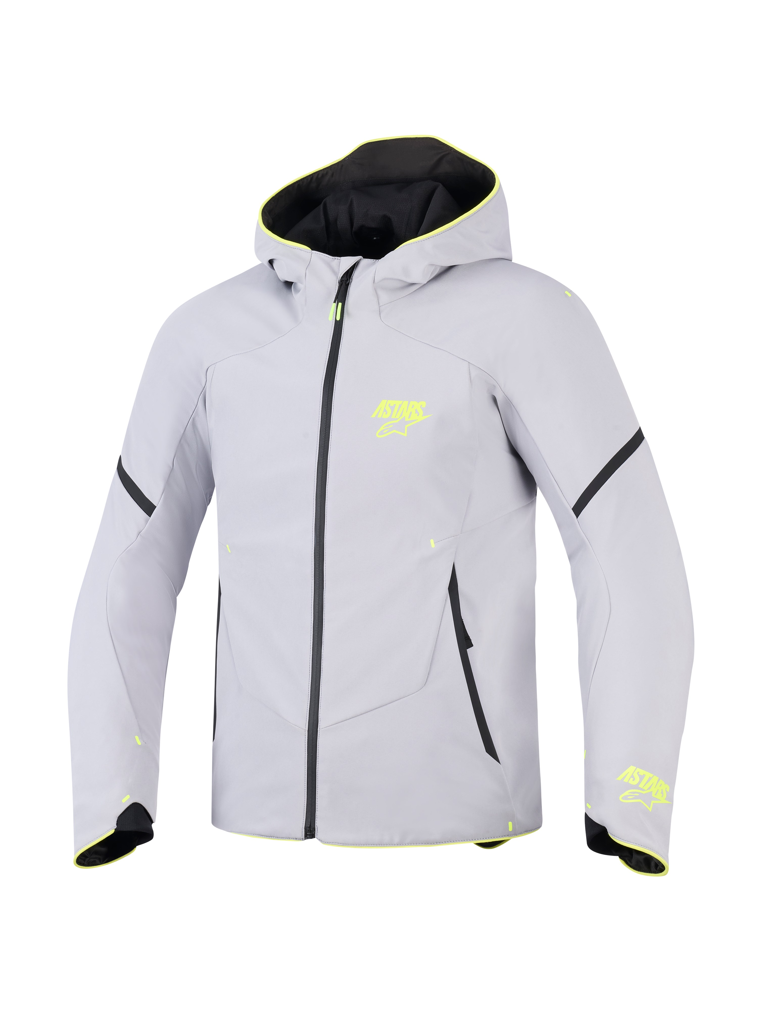 Casaco Alpinestars Aeroshell Waterproof, cinzento médio e amarelo néon, casaco de motociclismo softshell desportivo com capuz, logótipos ASTARS em amarelo néon, fecho de correr impermeável preto e corte atlético moderno