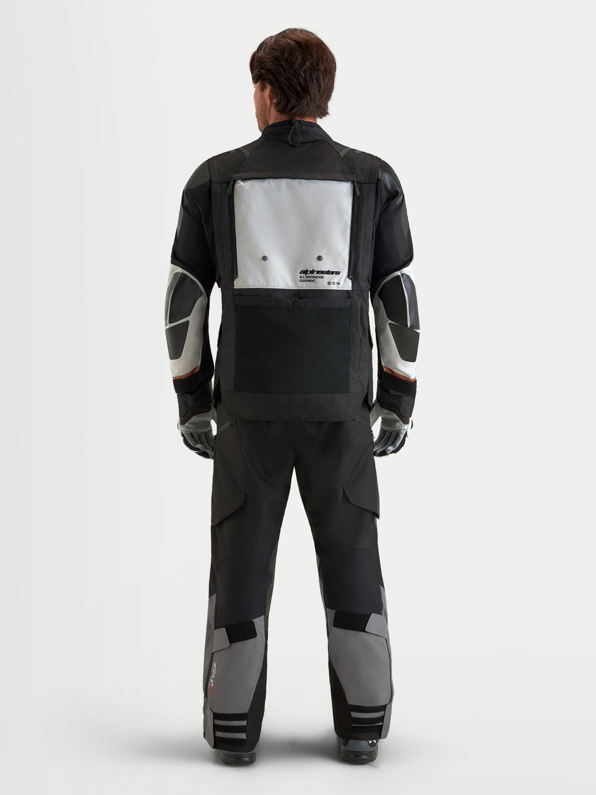 Alpinestars Harok V2 Drystar, casaco de moto para turismo de aventura para homem, cinzento escuro e cinzento gelo, vista traseira mostrando o painel de ventilação modular e construção de proteção CE