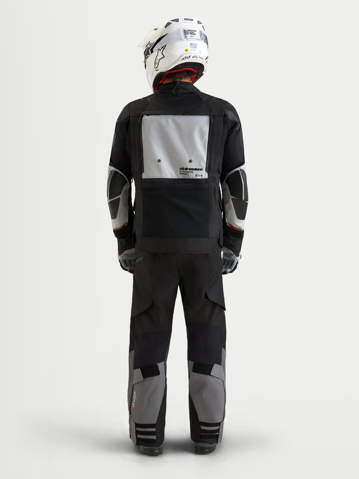 Alpinestars Harok V2 Drystar, casaco de moto para homem, cinzento-escuro, cinzento-gelo e preto, vista traseira com painel de ventilação modular e proteção CE
