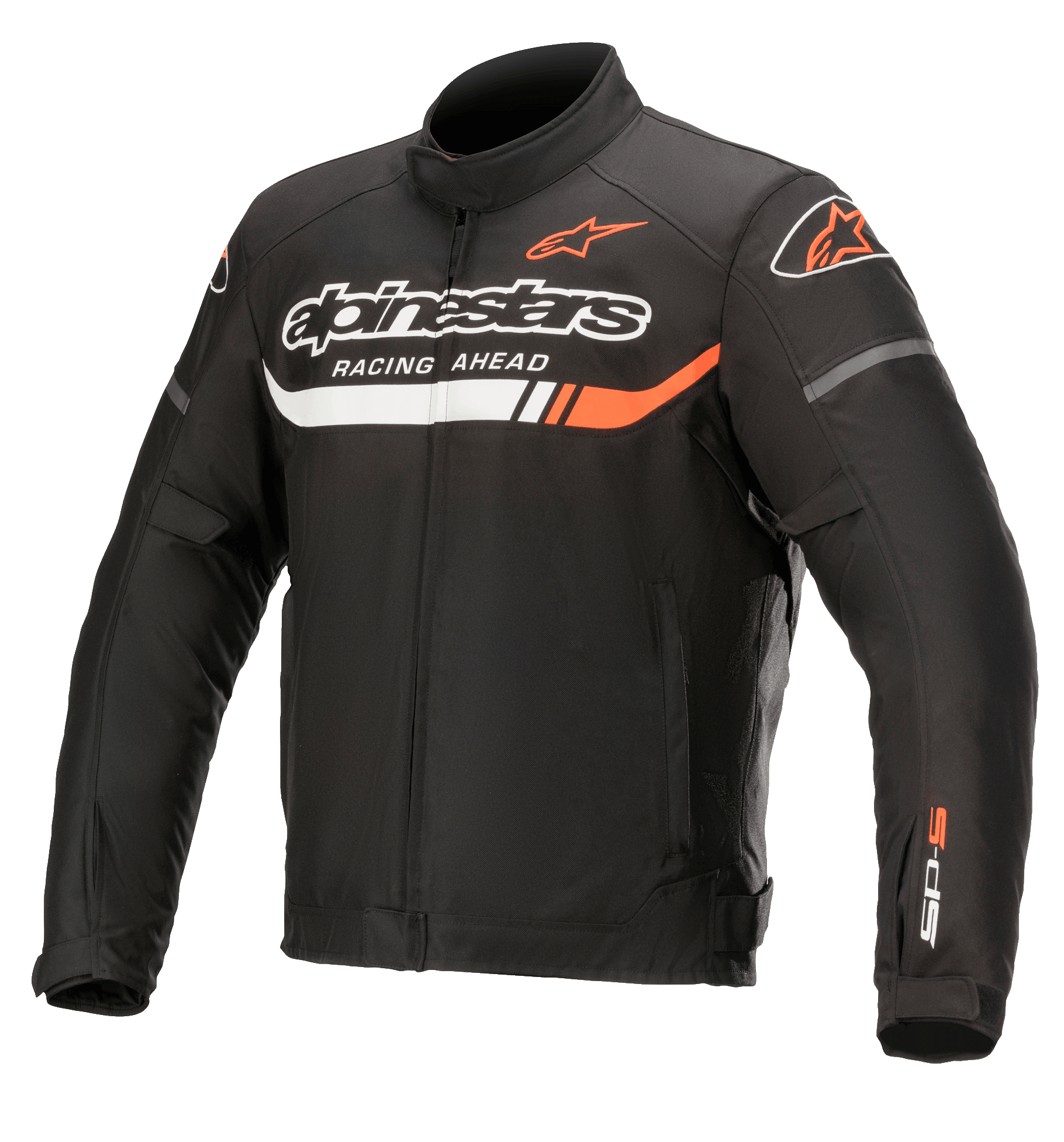 Alpinestars T-SP S Ignition Waterproof Jacket, Black textile motorcycle jacket with white and fluo red accents, featuring Alpinestars branding and 'Racing Ahead' text on the chest, SP-S logo on the sleeve, high collar and adjustable waist