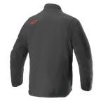 Jaqueta Alpinestars AMT Storm Gear Drystar® XF, jaqueta de motociclismo impermeável, preta, vista traseira com logótipo Alpinestars vermelho no ombro superior, construção em têxtil ripstop durável com costas alongadas para maior cobertura