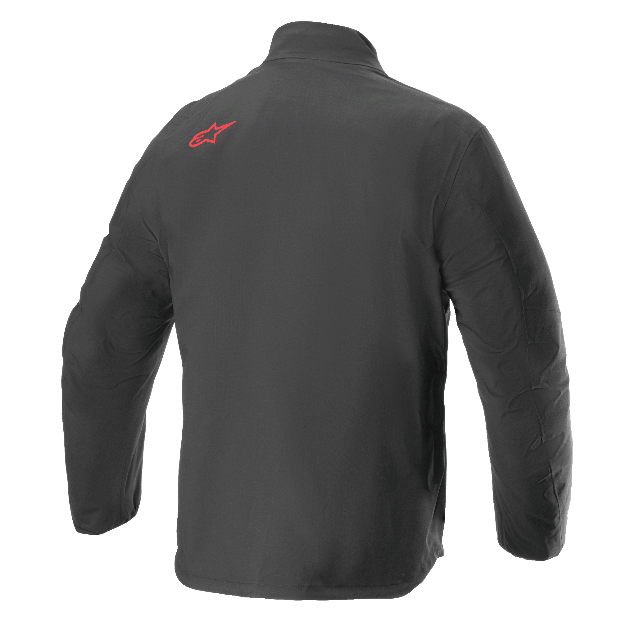 Jaqueta Alpinestars AMT Storm Gear Drystar® XF, jaqueta de motociclismo impermeável, preta, vista traseira com logótipo Alpinestars vermelho no ombro superior, construção em têxtil ripstop durável com costas alongadas para maior cobertura