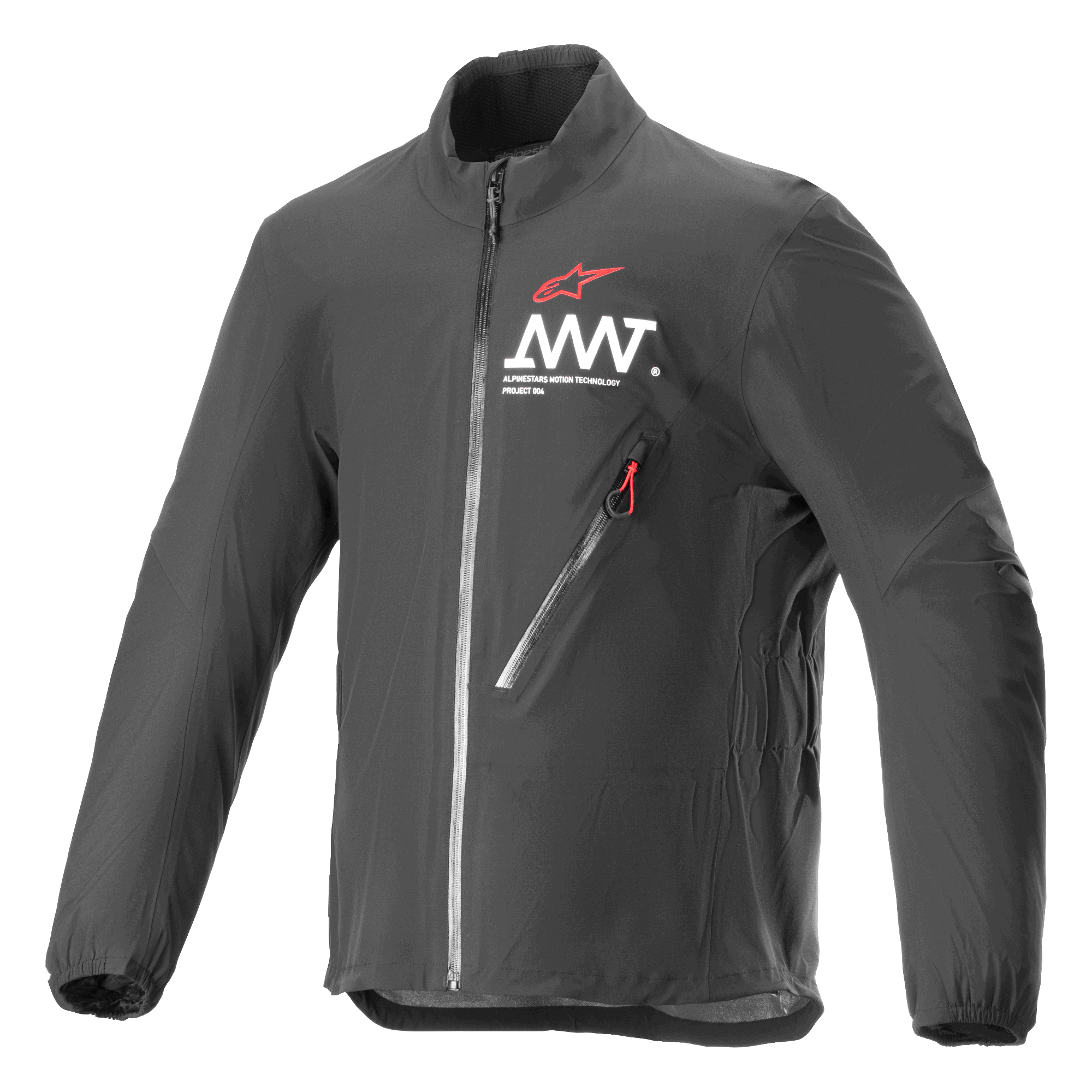Alpinestars AMT Storm Gear Drystar XF Jacket, casaco de motociclismo impermeável e respirável em preto, com gola alta, bolso diagonal no peito com fecho e puxador vermelho e logótipo AMT branco no peito