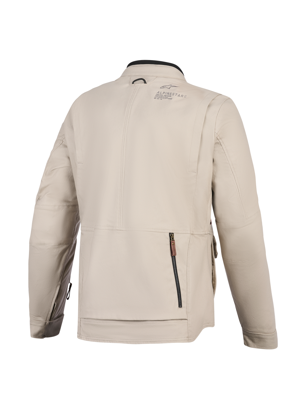 Casaco Alpinestars Borrego Drystar®, casaco de motociclismo, cinzento Warm Gray, vista traseira com um grande compartimento traseiro com fecho de correr, construção em lona têxtil durável com logótipo Alpinestars no ombro, design pronto para a aventura