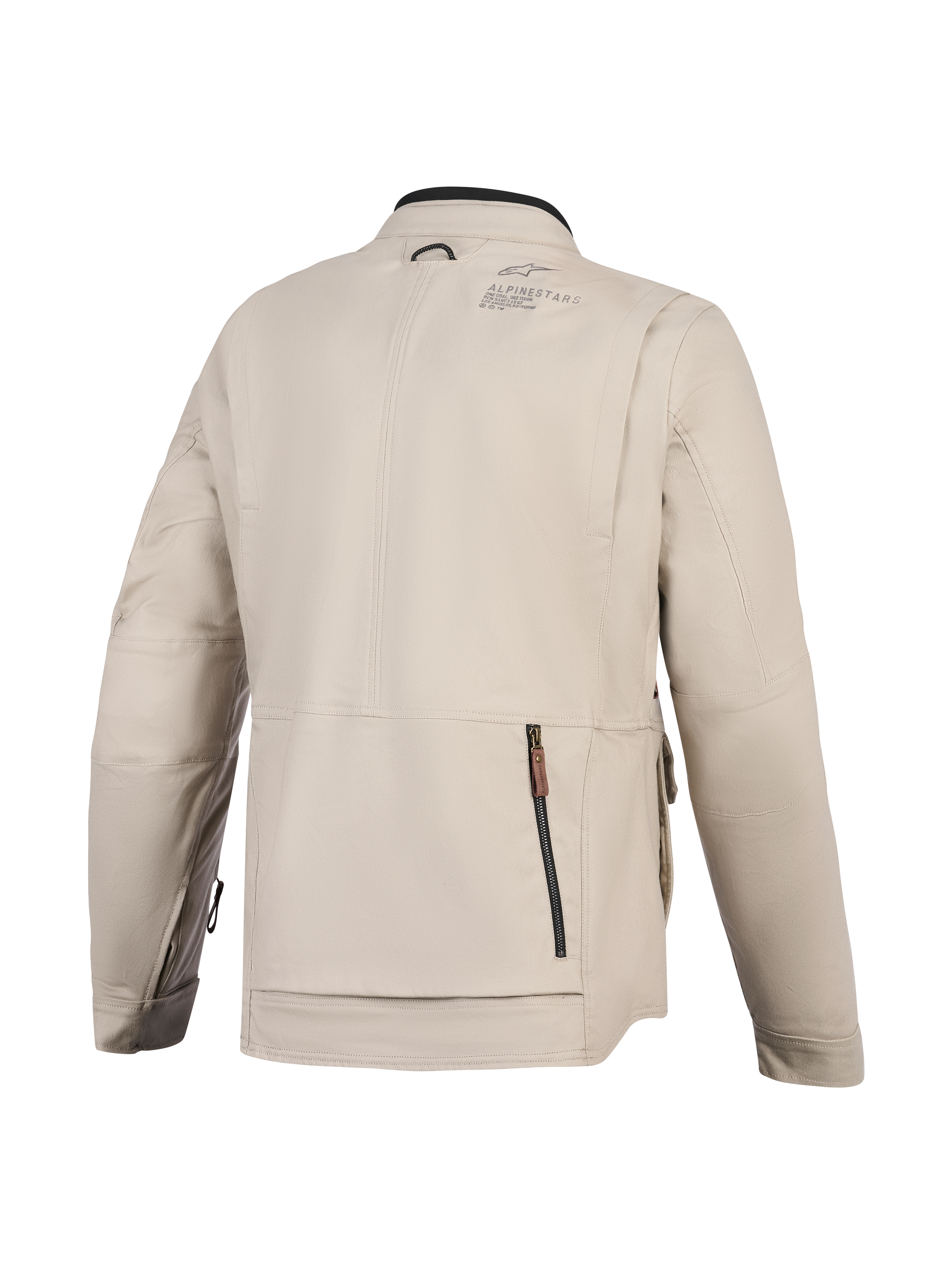 Casaco Alpinestars Borrego Drystar®, casaco de motociclismo, cinzento Warm Gray, vista traseira com um grande compartimento traseiro com fecho de correr, construção em lona têxtil durável com logótipo Alpinestars no ombro, design pronto para a aventura