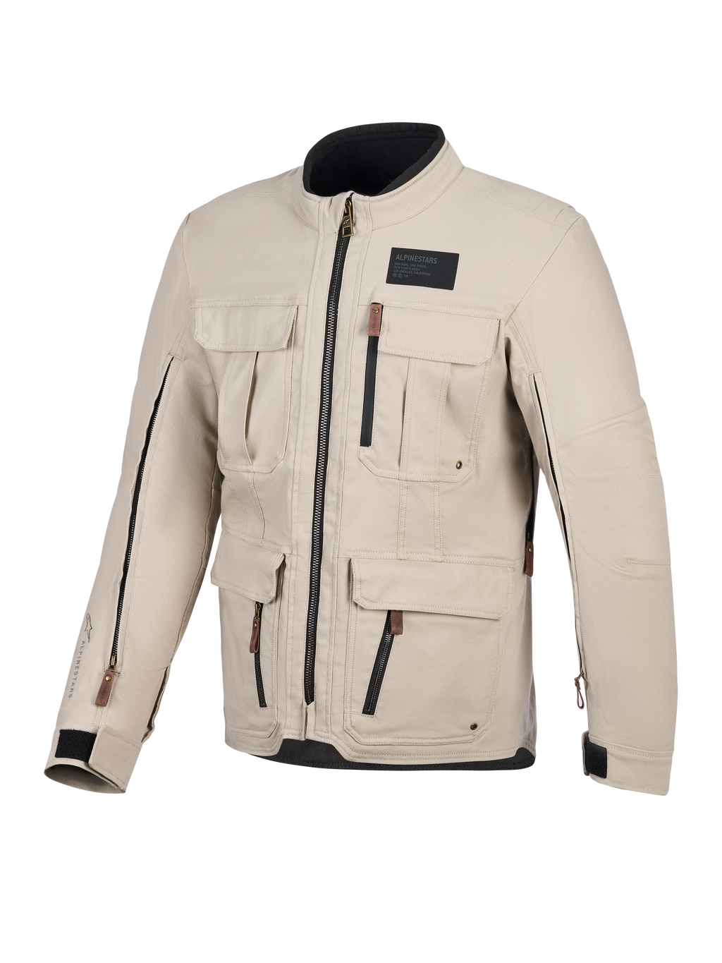 Casaco Alpinestars Borrego Drystar®, casaco de motociclismo, cinzento quente, vista frontal com múltiplos bolsos cargo, fechos pretos com puxadores castanhos, textura de lona encerada e emblema preto da marca no peito