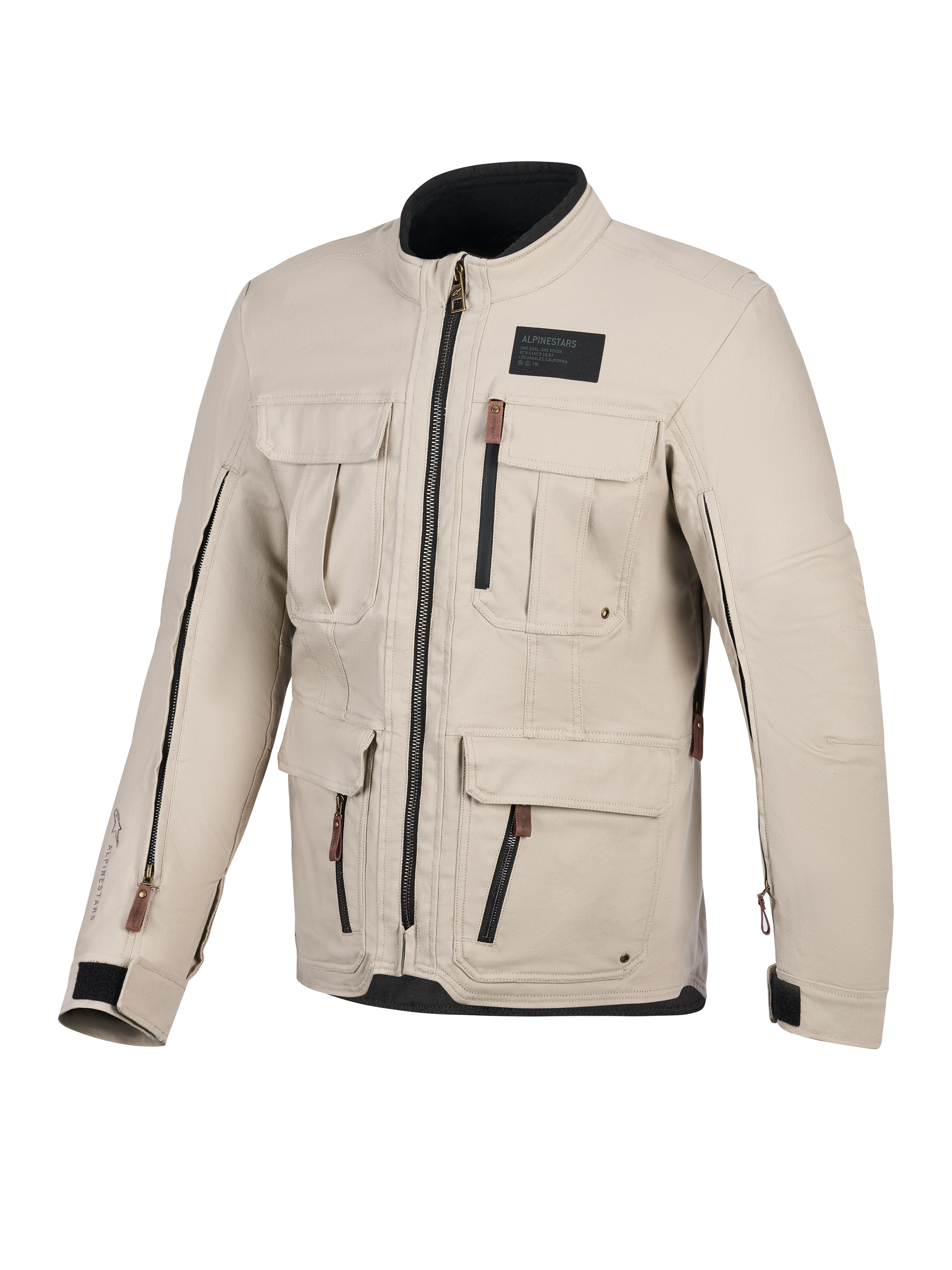 Casaco Alpinestars Borrego Drystar®, casaco de motociclismo, cinzento quente, vista frontal com múltiplos bolsos cargo, fechos pretos com puxadores castanhos, textura de lona encerada e emblema preto da marca no peito