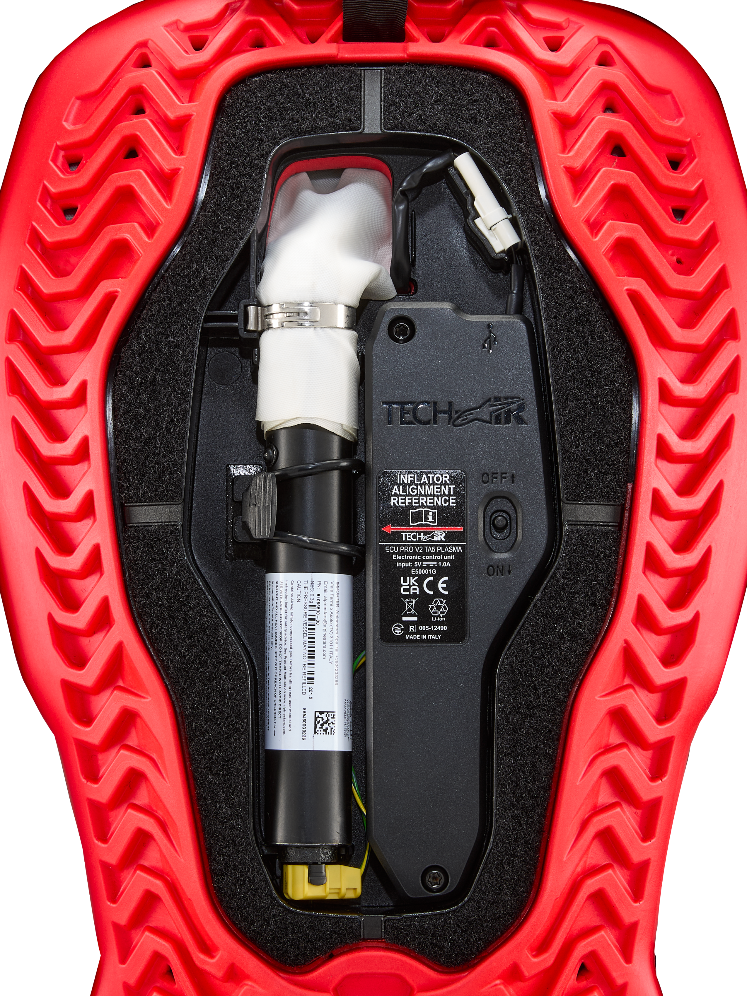 Alpinestars Tech-Air® 5 Plasma, cartucho de substituição para airbag, ECU preta e insuflador branco em estrutura vermelha