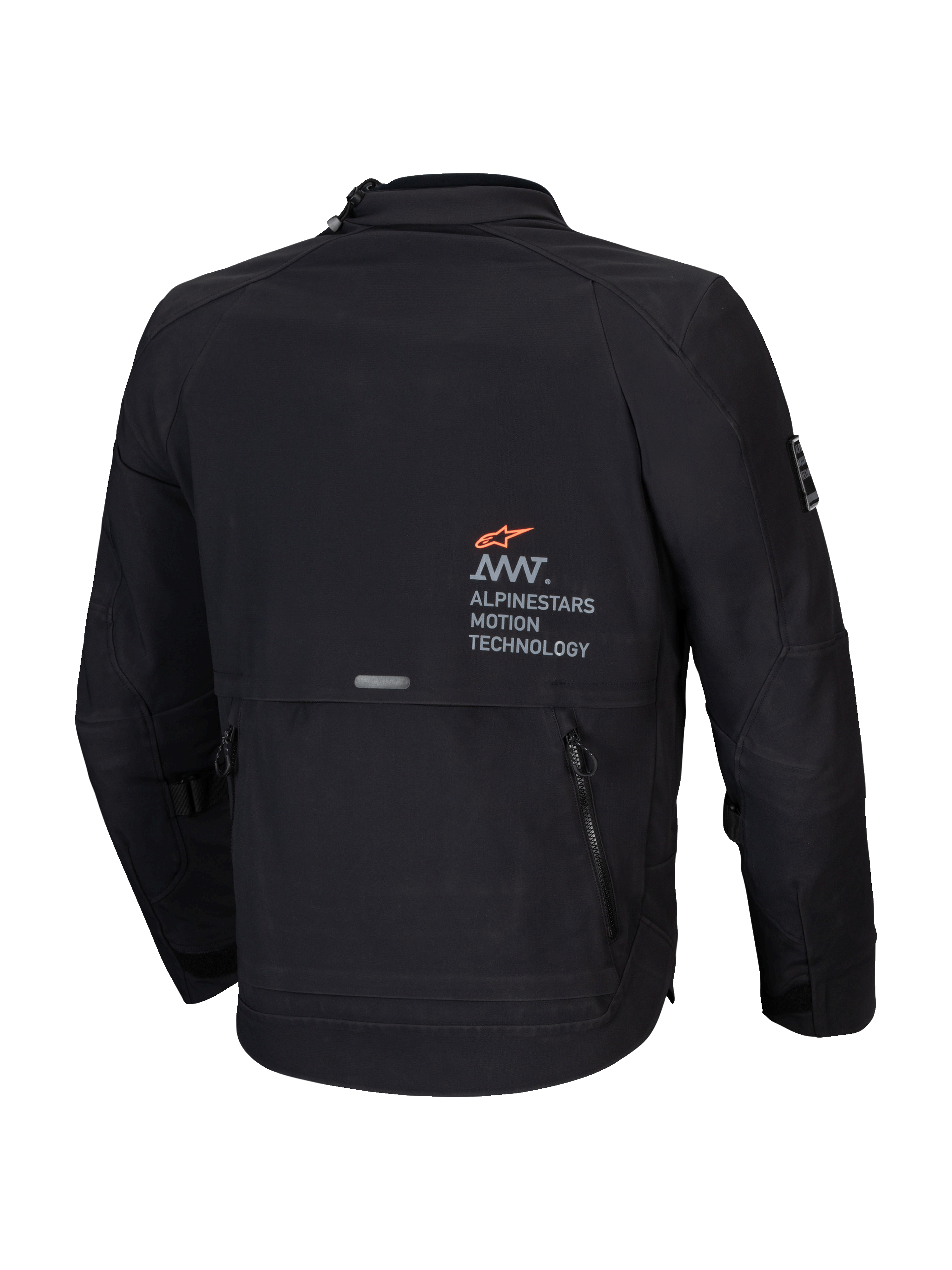 Alpinestars Jaqueta AMT-8 Stretch Drystar XF, casaco de moto adventure-touring para homem, preto, vista traseira mostrando a marca AMT e bolso utilitário de carga
