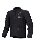 Alpinestars AMT-8 Stretch Drystar® XF, blusão de moto de aventura preto com portas de ventilação frontais e gráficos de marca, certificado CE