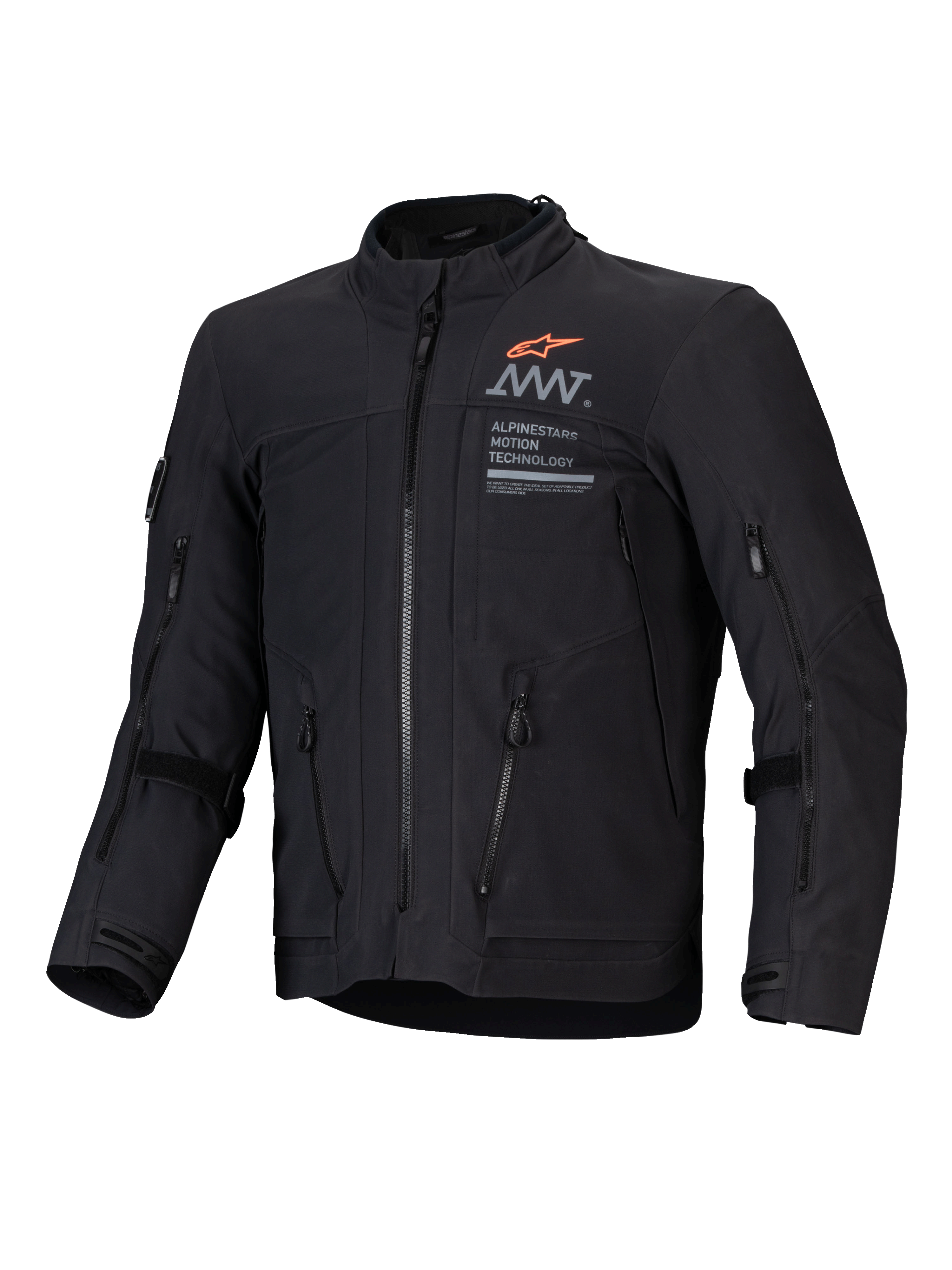 Alpinestars AMT-8 Stretch Drystar® XF, blusão de moto de aventura preto com portas de ventilação frontais e gráficos de marca, certificado CE