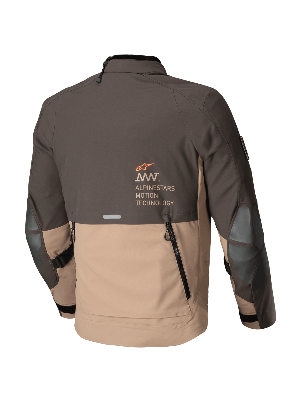 Alpinestars Jaqueta AMT-8 Stretch Drystar® XF, casaco de moto adventure touring, castanho escuro e cáqui escuro, vista traseira com exaustão traseira e logótipo Alpinestars Motion Technology
