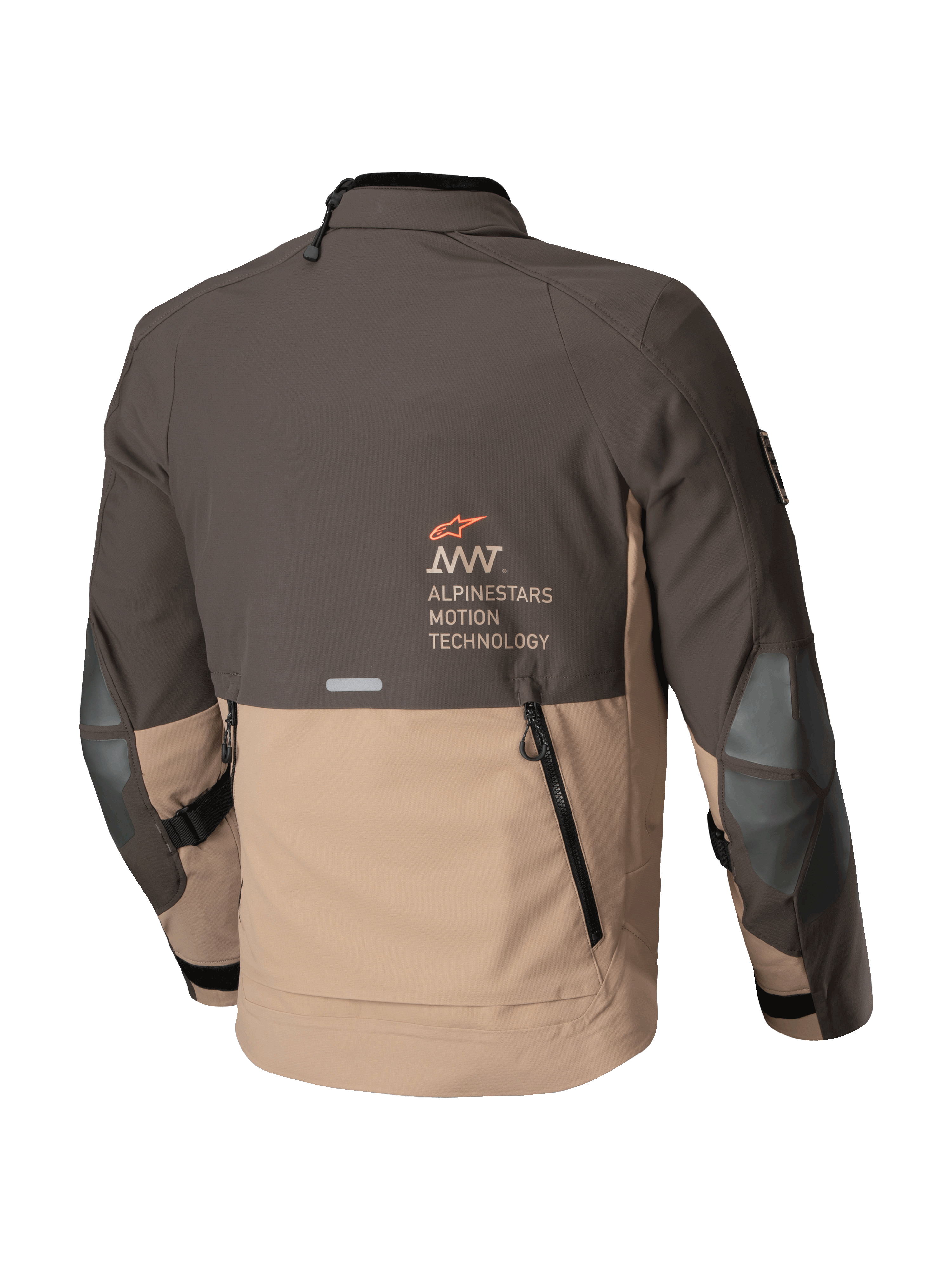 Alpinestars Jaqueta AMT-8 Stretch Drystar® XF, casaco de moto adventure touring, castanho escuro e cáqui escuro, vista traseira com exaustão traseira e logótipo Alpinestars Motion Technology
