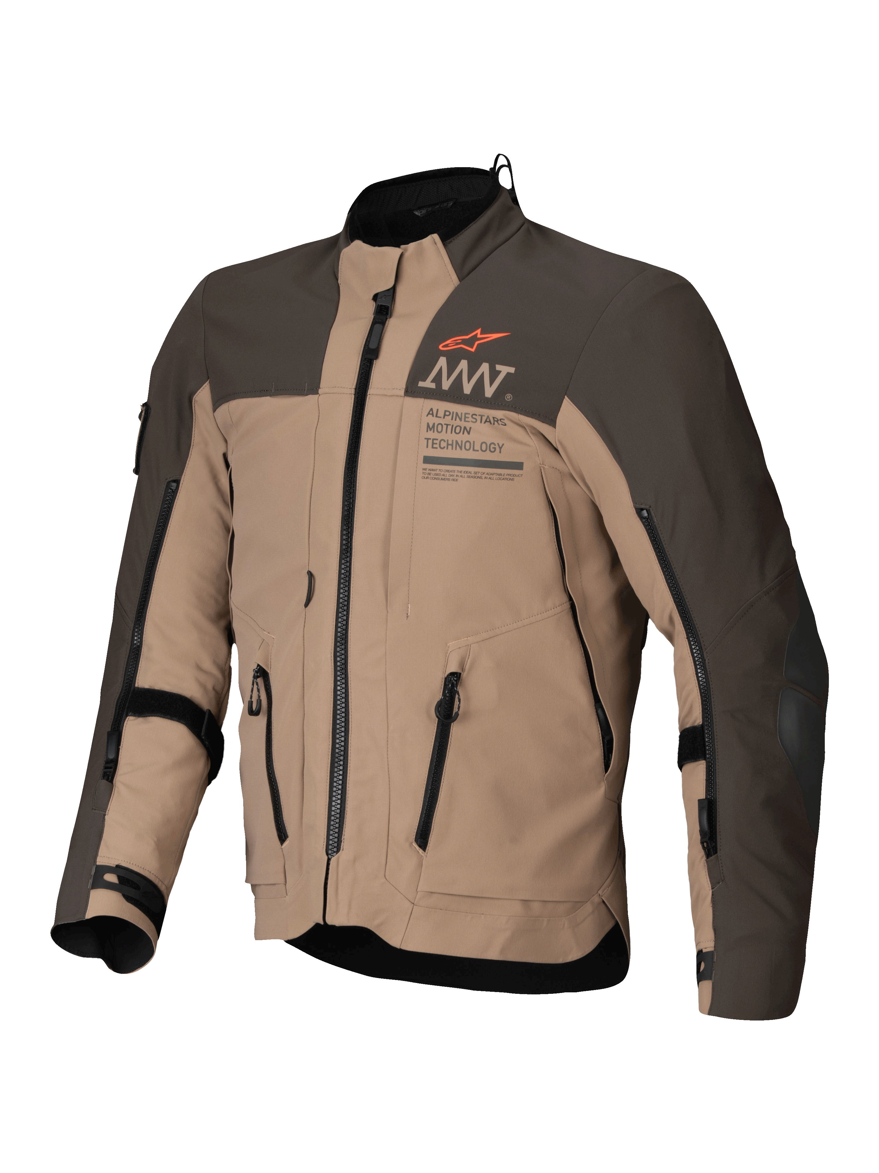 Alpinestars AMT-8 Stretch Drystar® XF Jacket, casaco de moto adventure touring em castanho escuro e cáqui escuro, certificado CE classe AA com construção em tecido elástico e ventilação