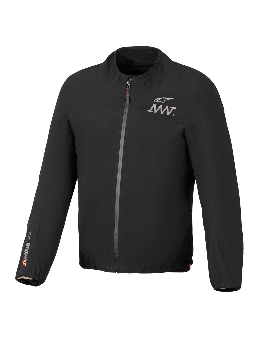 Alpinestars AMT-8 Stretch Drystar® XF Jacket Liner, preto, casaco elástico impermeável e leve, fecho de correr frontal, logótipo AMT no peito, marca Drystar® XF na manga direita, gola e punhos elásticos
