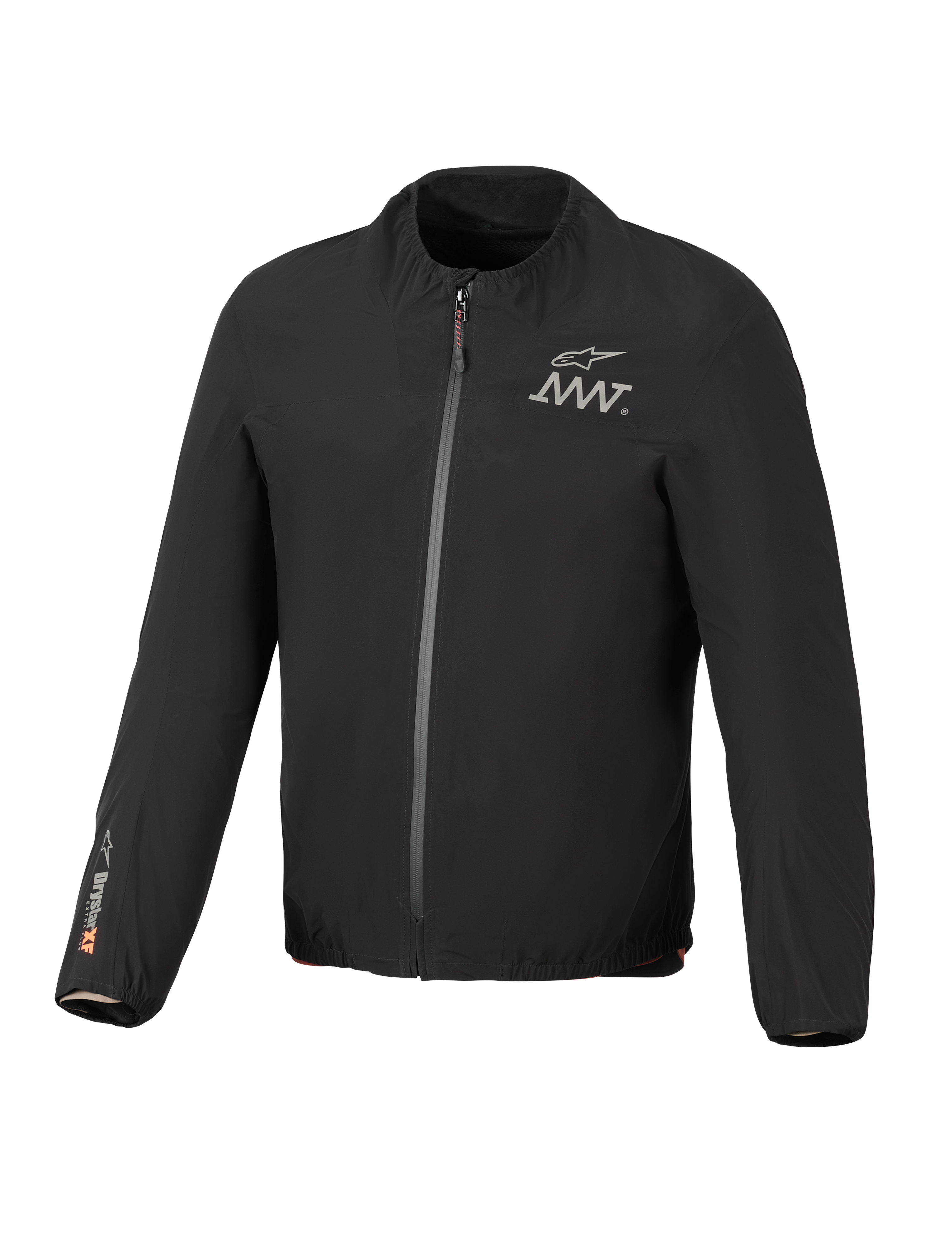 Alpinestars AMT-8 Stretch Drystar® XF Jacket Liner, preto, casaco elástico impermeável e leve, fecho de correr frontal, logótipo AMT no peito, marca Drystar® XF na manga direita, gola e punhos elásticos