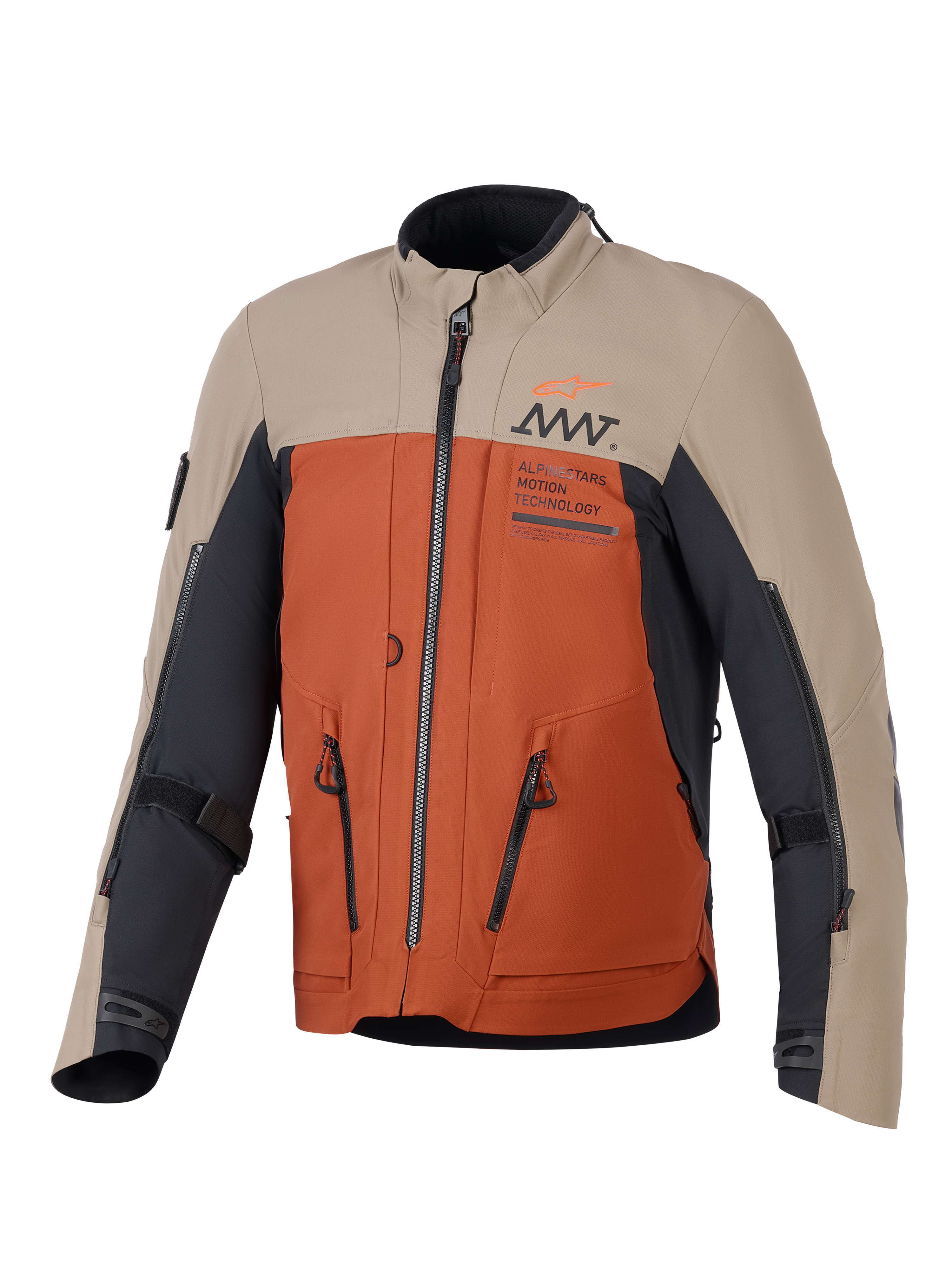 Casaco Alpinestars AMT-8 Stretch Drystar® XF, casaco de motociclismo de aventura, esquema de cores Walnut Rust Black, com painéis superiores bege, tronco em laranja-ferrugem e detalhes pretos, fechos de ventilação proeminentes e marca AMT no peito