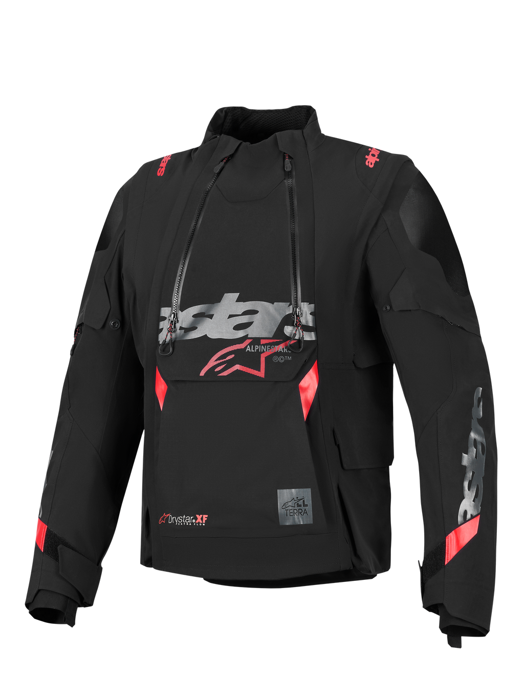 Alpinestars Halo Pro Drystar® XF Laminated Jacket, casaco de aventura, preto com detalhes em vermelho e cinzento, fechos de correr frontais impermeáveis assimétricos duplos, logótipo grande no peito, design têxtil técnico modular.