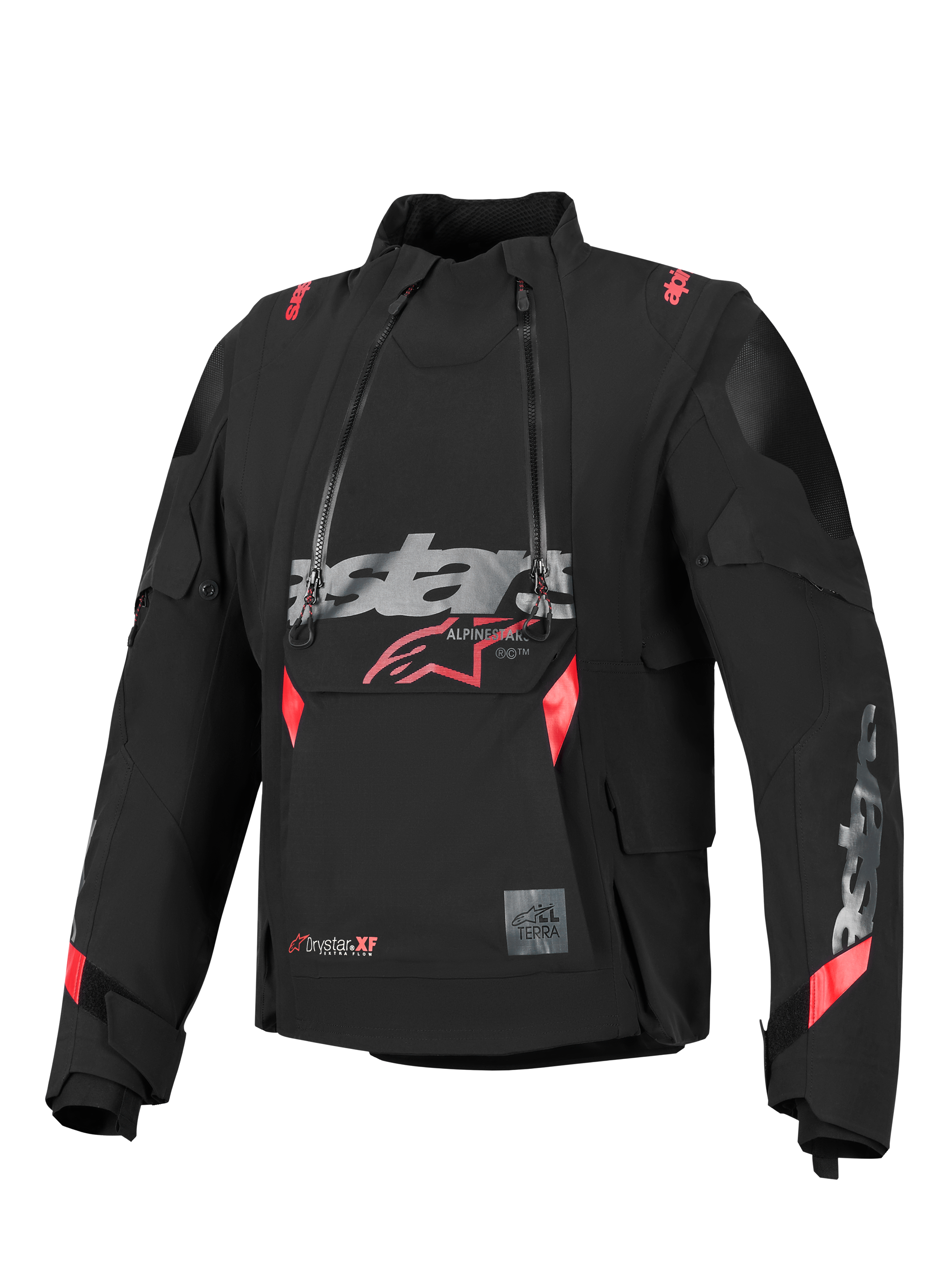 Alpinestars Halo Pro Drystar® XF Laminated Jacket, casaco de aventura, preto com detalhes em vermelho e cinzento, fechos de correr frontais impermeáveis assimétricos duplos, logótipo grande no peito, design têxtil técnico modular.