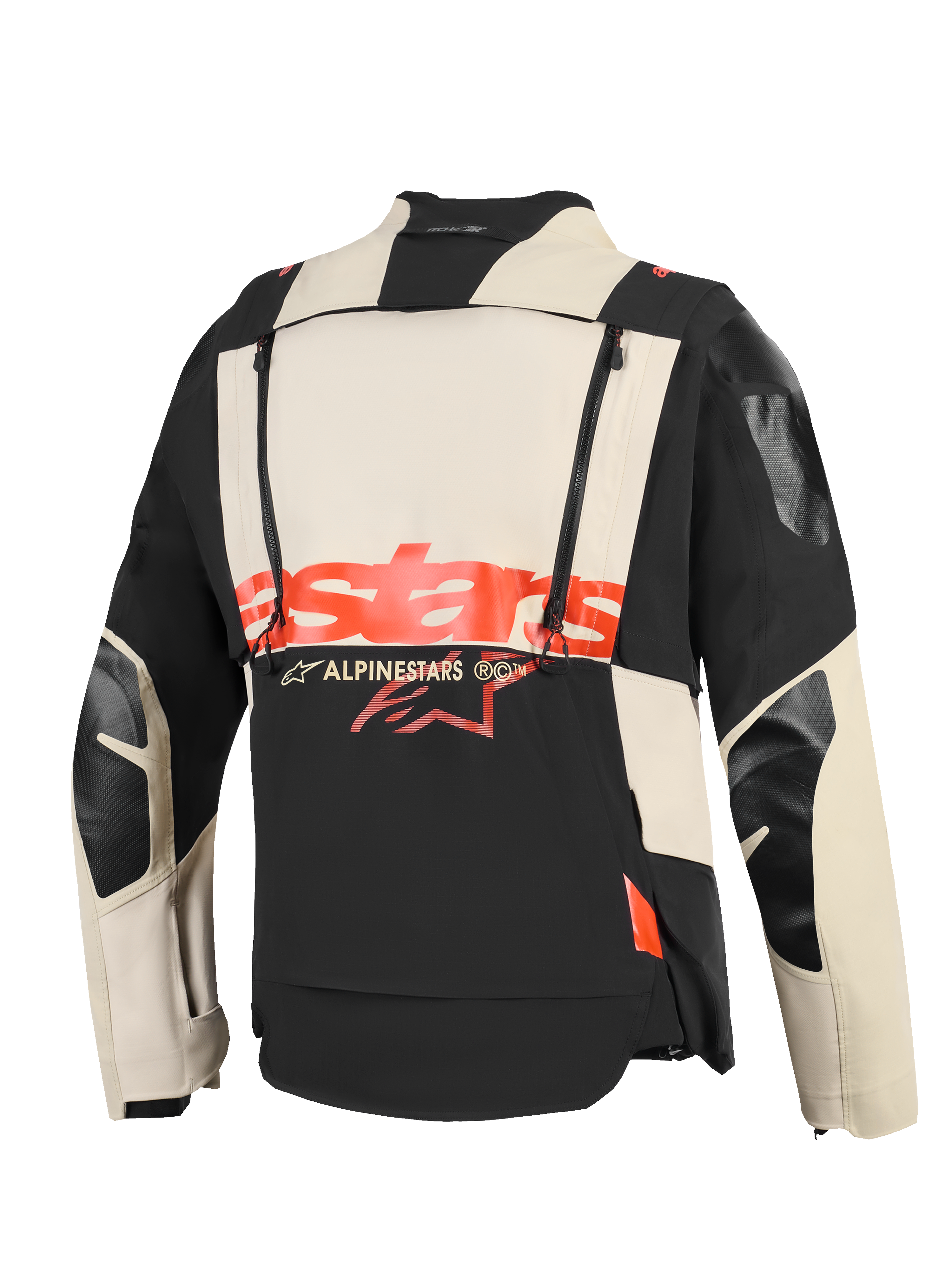 Alpinestars Halo Pro Drystar® XF Laminated Jacket, vista traseira, construção têxtil em Mastic Black e creme, logótipo 'stars' vermelho arrojado no centro, fechos de correr verticais duplos para ventilação modular, vestuário técnico de motociclismo de aventura