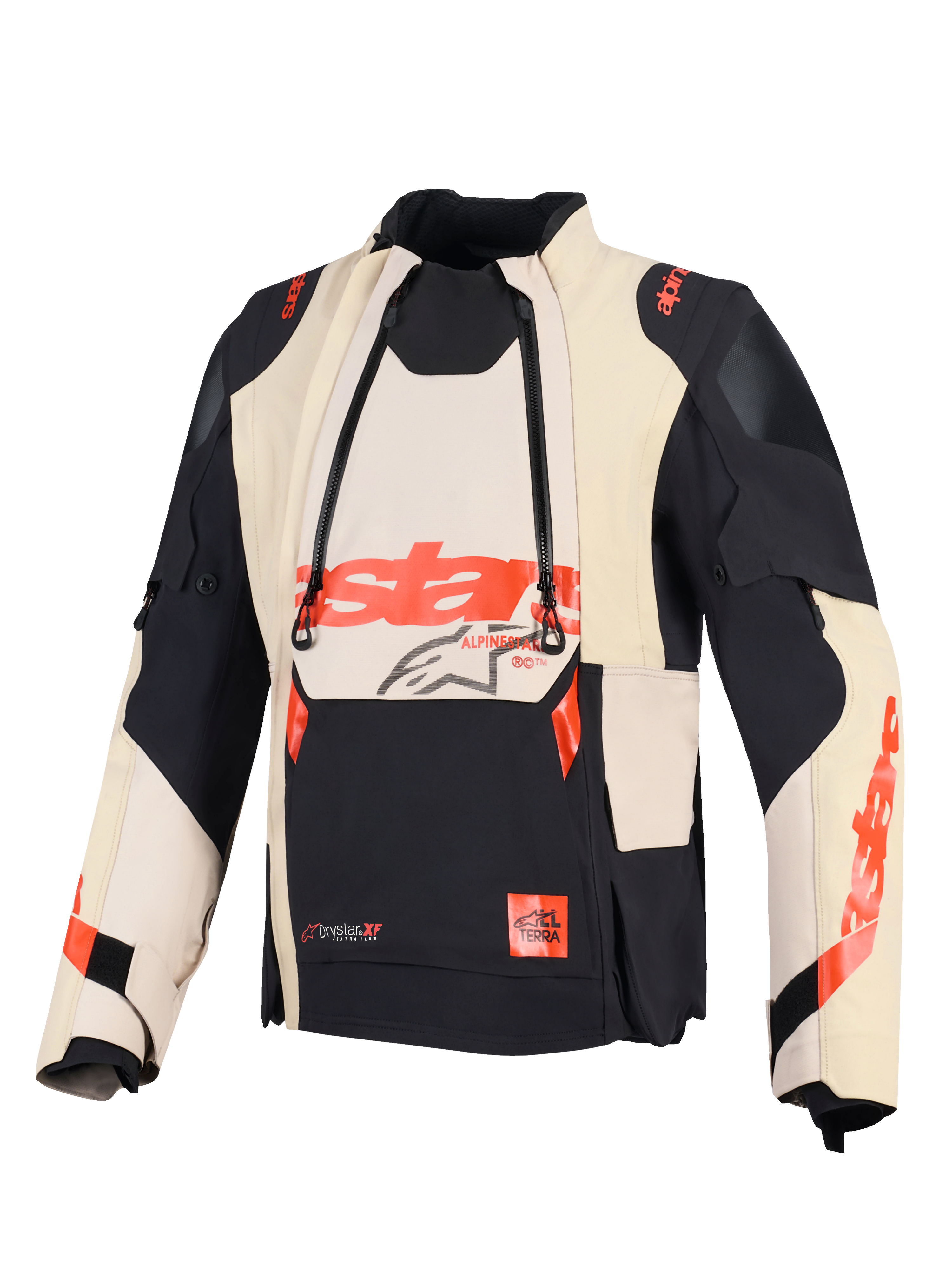 Casaco Alpinestars Halo Pro Drystar® XF Laminado, casaco de motociclismo de aventura, Mastic Black, com painéis de ventilação frontais modulares e logótipo Alpinestars em vermelho, design têxtil técnico para condução versátil em todo-o-terreno