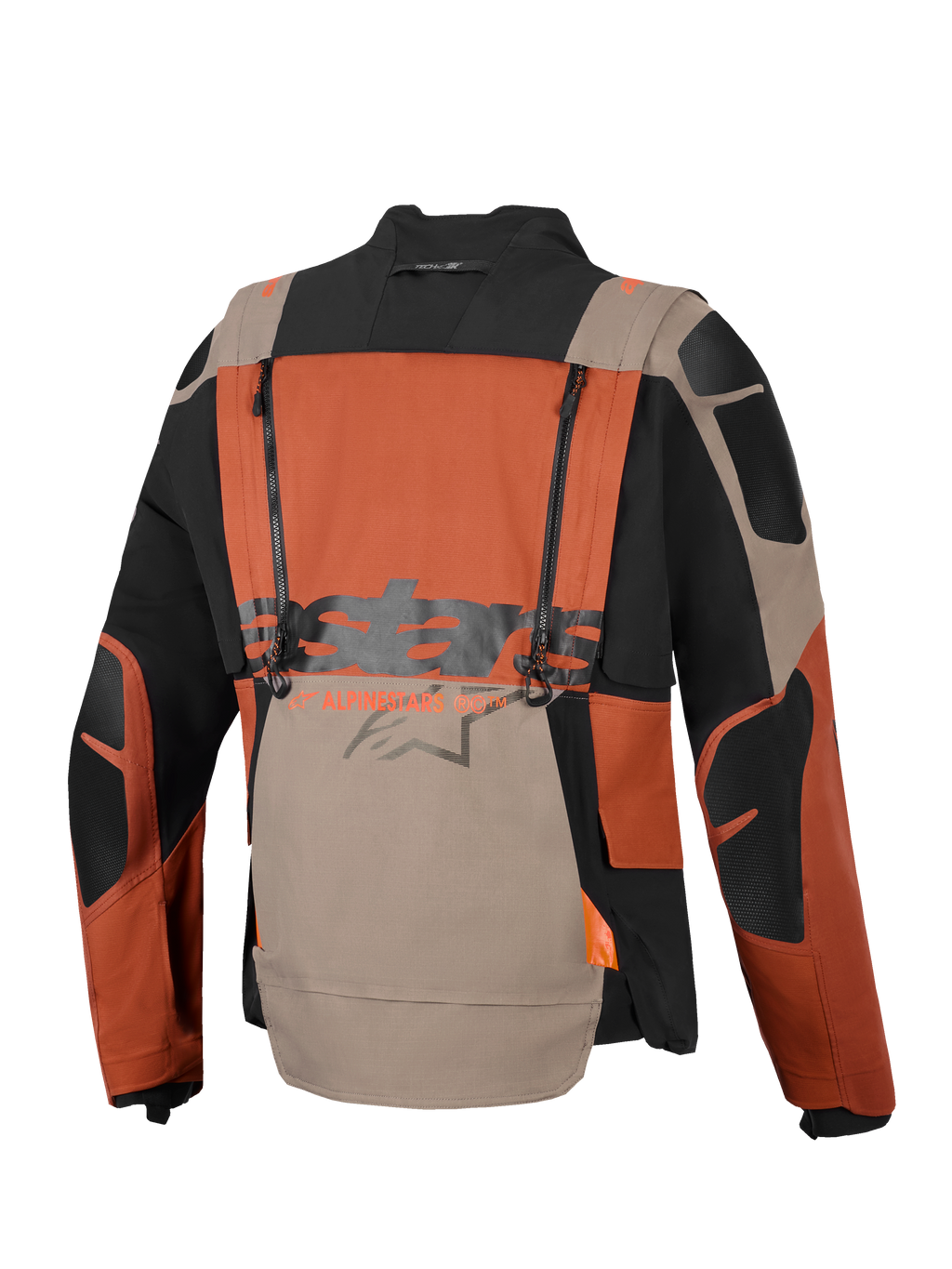 Casaco Alpinestars Halo Pro Drystar® XF Laminado, casaco de aventura para motociclismo, Walnut Rust Black, vista traseira com fechos de ventilação verticais, logótipo Alpinestars grande no centro e construção em têxtil ripstop durável