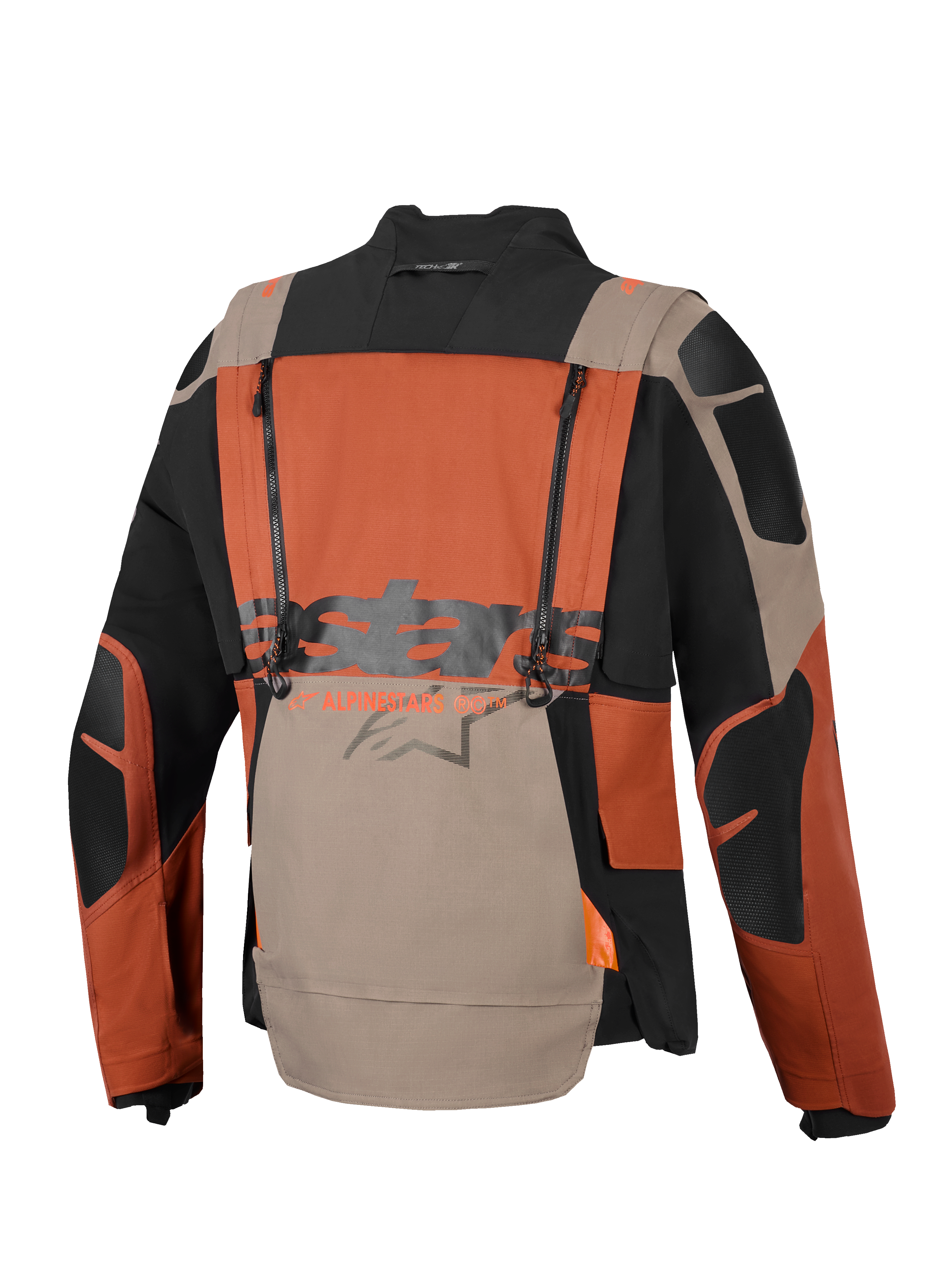 Casaco Alpinestars Halo Pro Drystar® XF Laminado, casaco de aventura para motociclismo, Walnut Rust Black, vista traseira com fechos de ventilação verticais, logótipo Alpinestars grande no centro e construção em têxtil ripstop durável