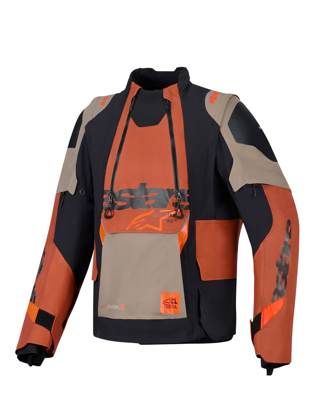Alpinestars Halo Pro Drystar® XF Laminated Jacket, casaco de motociclismo de aventura, Walnut Rust Black, vista frontal com painel modular no peito com fechos duplos impermeáveis, construção têxtil resistente com painéis bege e laranja.