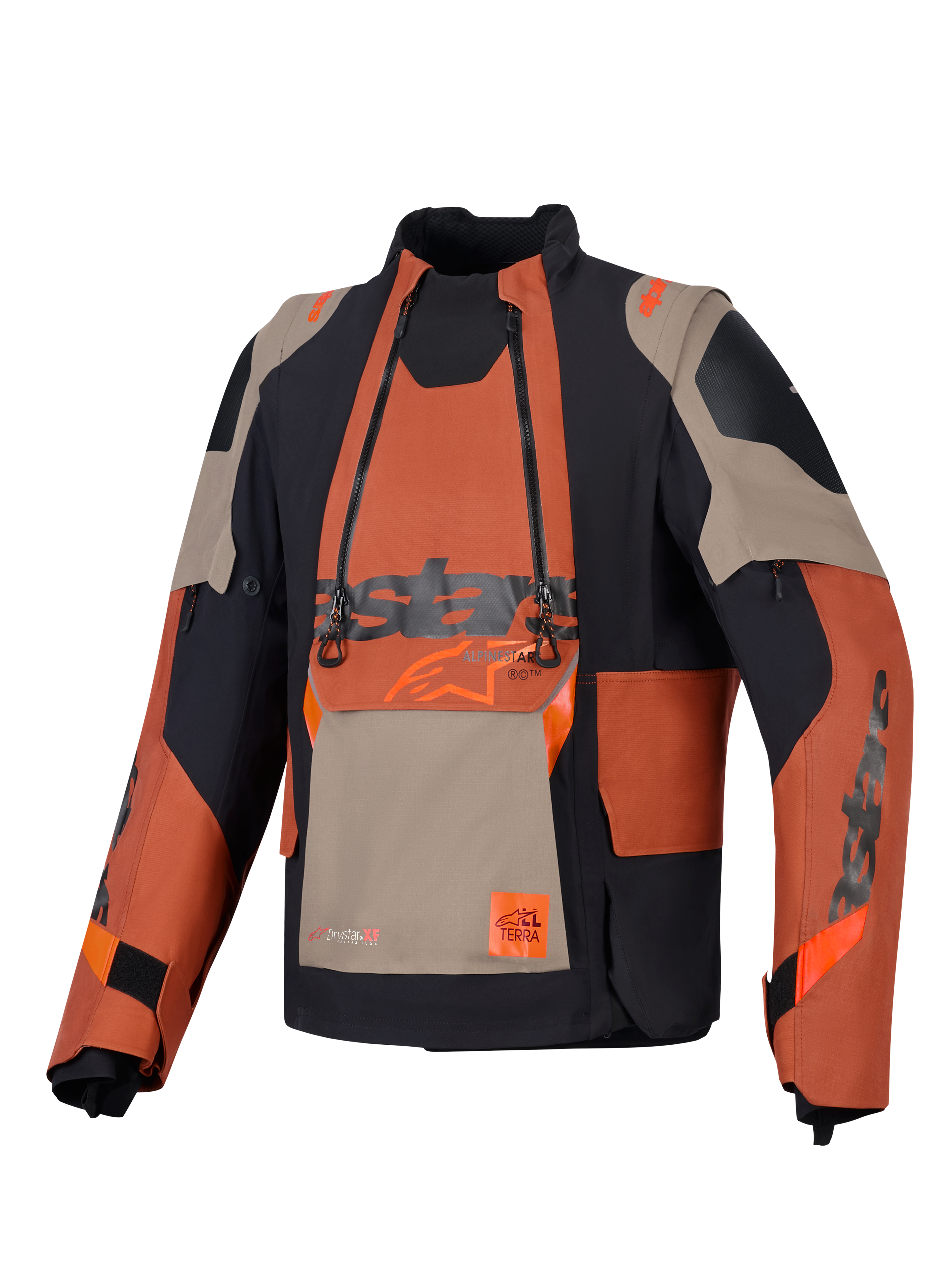 Alpinestars Halo Pro Drystar® XF Laminated Jacket, casaco de motociclismo de aventura, Walnut Rust Black, vista frontal com painel modular no peito com fechos duplos impermeáveis, construção têxtil resistente com painéis bege e laranja.