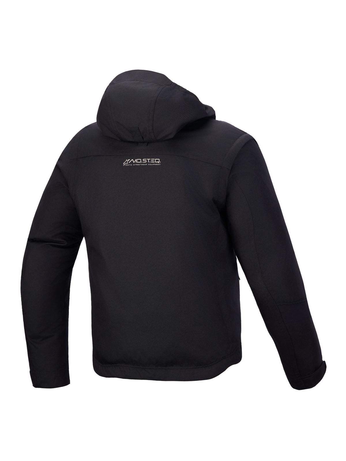 Alpinestars Morfex Parka Waterproof Jacket, casaco de moto urbano para homem, vista traseira em preto com capuz integrado e compartimento de arrumação nas costas