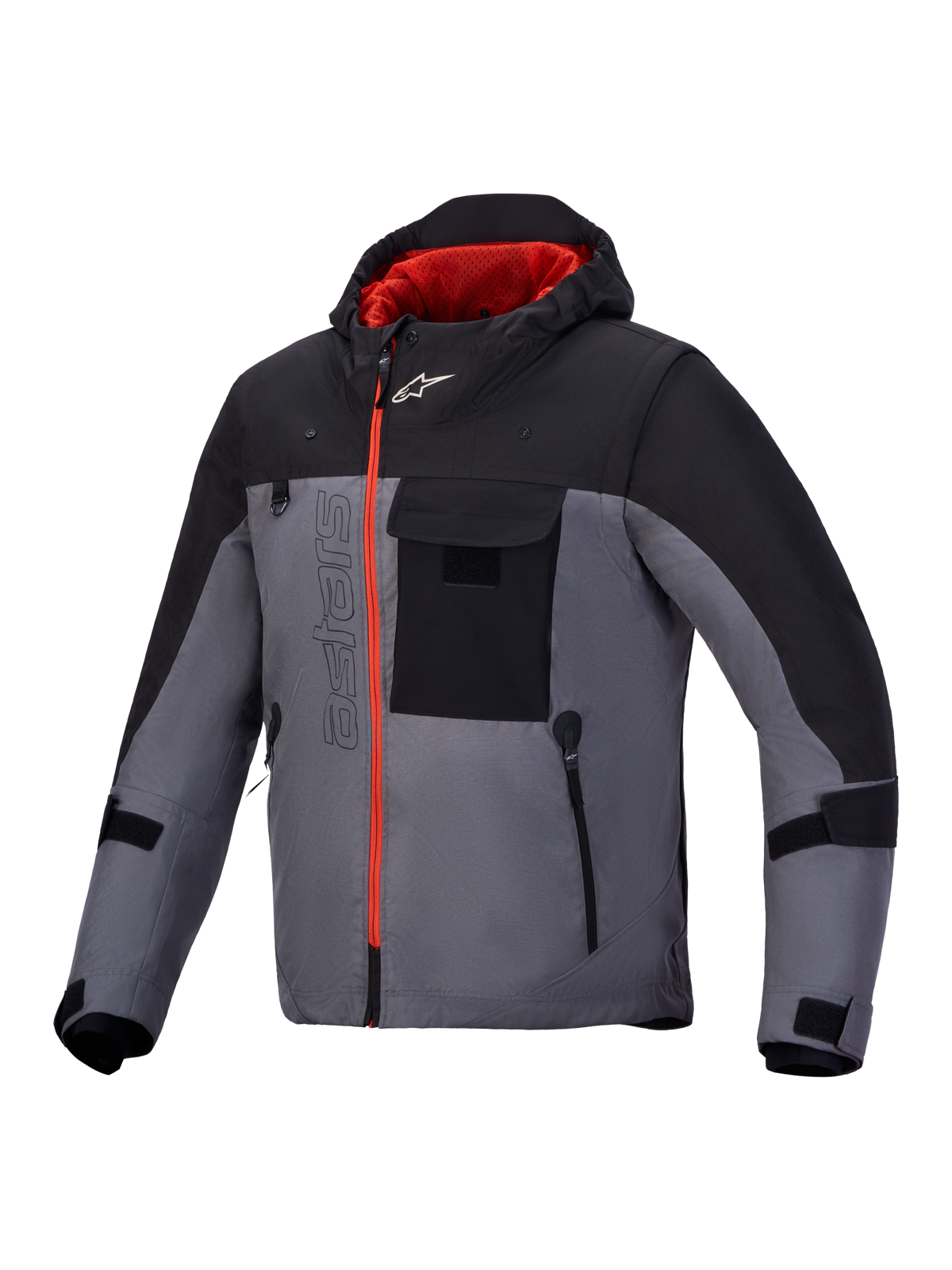 Alpinestars Morfex Parka Waterproof Jacket, casaco de moto urbano contemporâneo com capuz integrado, cinzento e preto com detalhes e fecho em vermelho