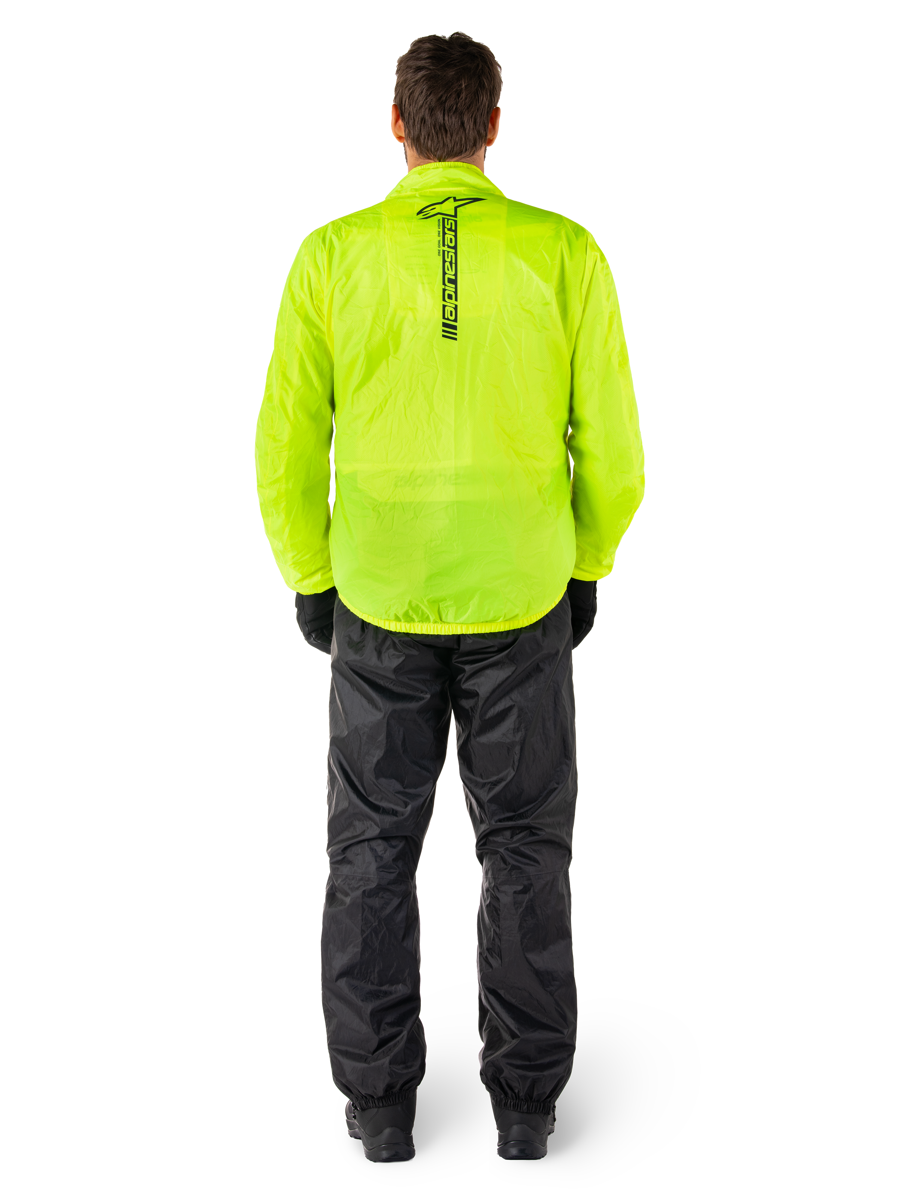 Alpinestars Hurricane Rain V2 Jacket and Pants, waterproof motorcycle rain suit, Bright Fluorescent Yellow jacket with vertical black branding on the back, Black pants, lightweight textile material designed for wet weather riding protection