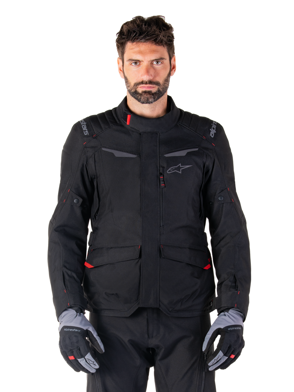 Alpinestars ST-1 Waterproof Jacket, casaco de moto impermeável para turismo, preto com detalhes vermelhos, gola alta, múltiplos bolsos, material texturizado durável, logótipo Alpinestars no peito e ombros