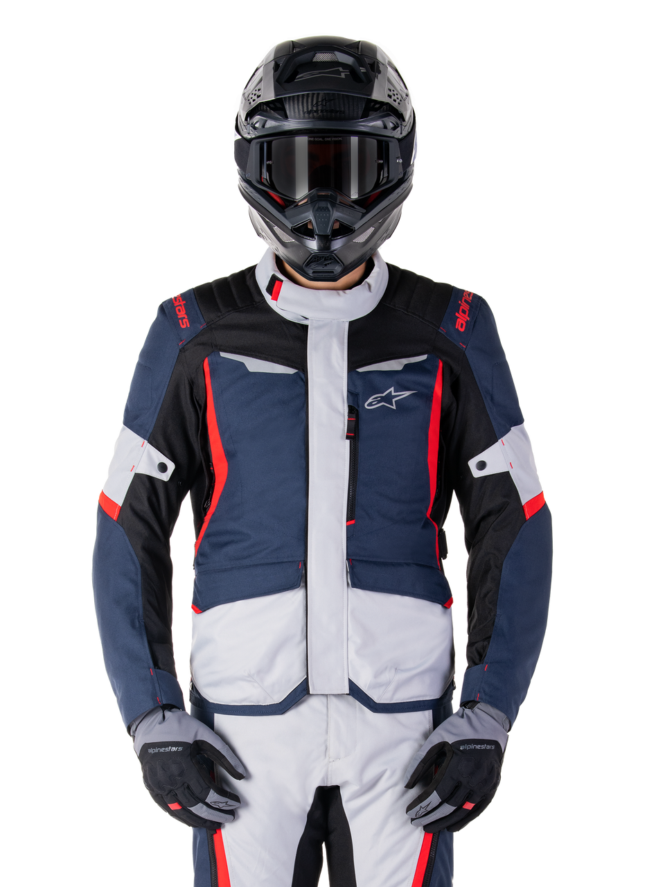 Alpinestars ST-1 Waterproof Jacket, casaco de moto impermeável, azul, preto e branco com detalhes vermelhos, com logótipo de estrela no peito, design protetor e aerodinâmico para motociclismo
