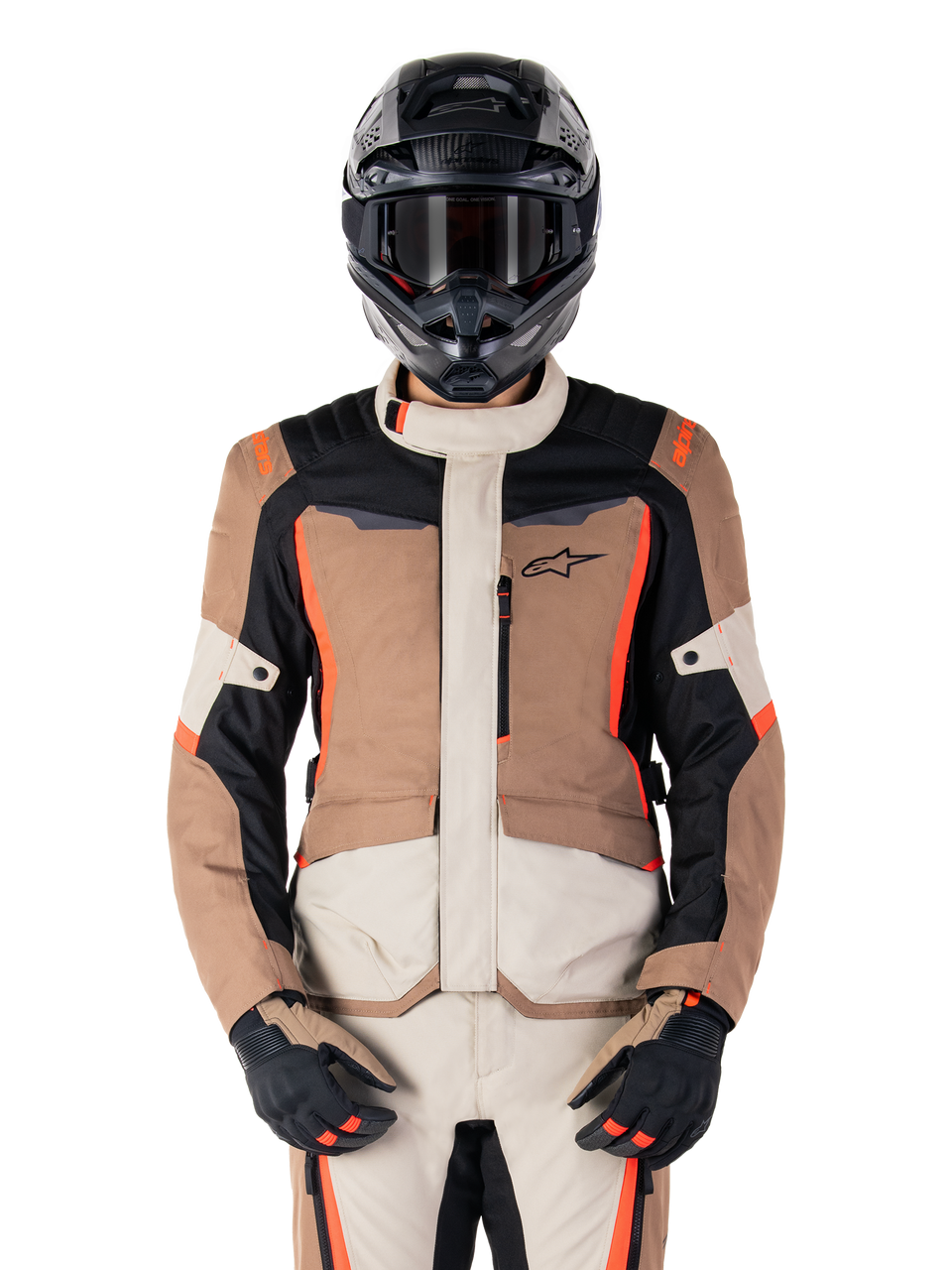Alpinestars ST-1 Waterproof Jacket, casaco de moto para turismo, bege e preto com detalhes laranja, impermeável, equipamento completo de proteção incluindo capacete e luvas, design moderno e protetor