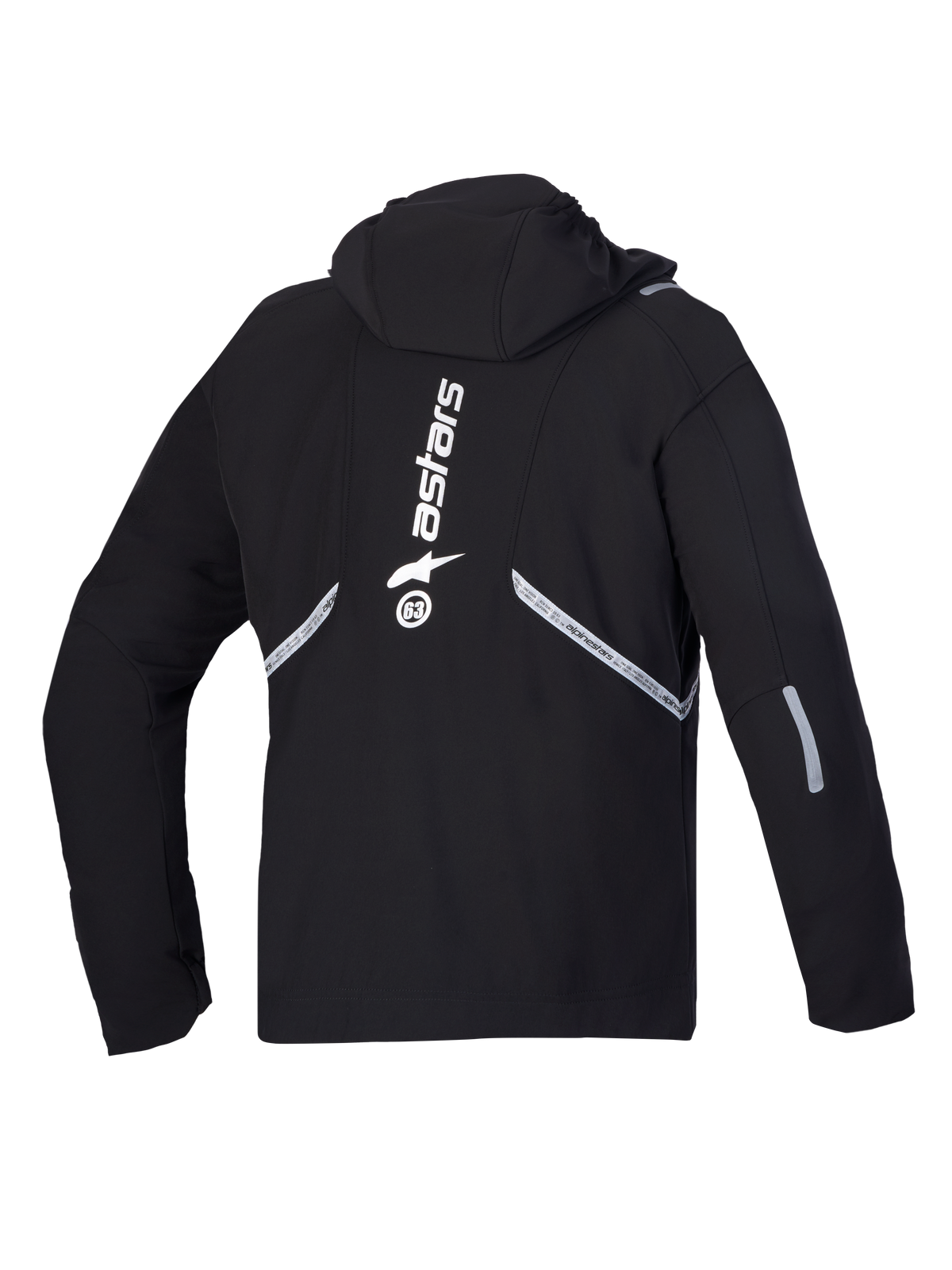 Alpinestars C 5 Drystar, casaco softshell de moto impermeável, vista traseira em preto com capuz integrado, detalhes refletores e grande logótipo vertical branco