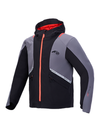 Alpinestars C-5 Drystar Jacket, Men's Waterproof Motorcycle Jacket in Black and Dark Gray, featuring an integrated hood, bright orange front zipper, and CE Class A certification