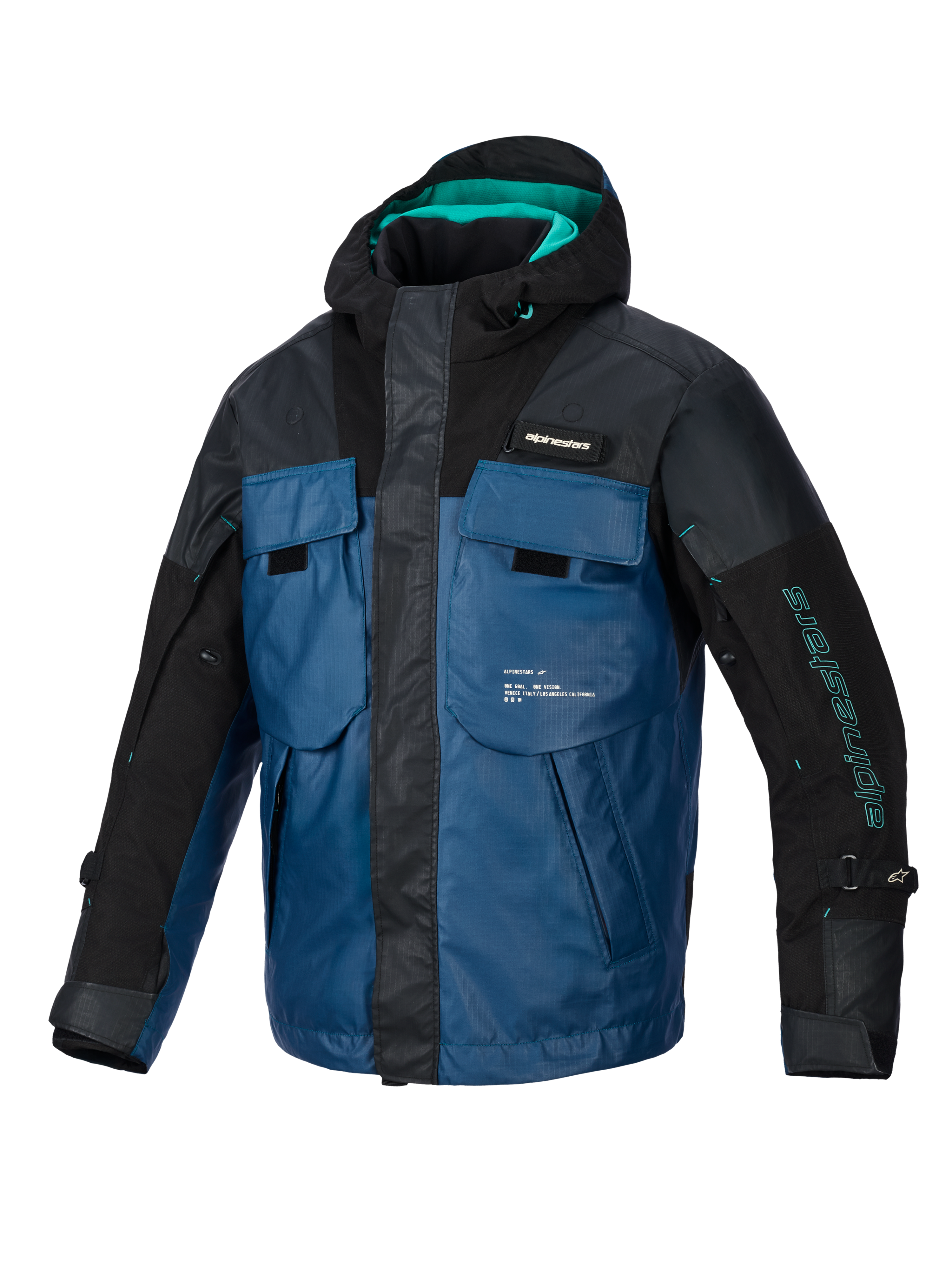 Alpinestars Mospher Waterproof Jacket, All-season motorcycle parka, Black and Dark Petrol with teal accents, tactical vest-inspired design featuring multiple large pockets, durable ripstop fabric, and integrated hood for urban commuting
