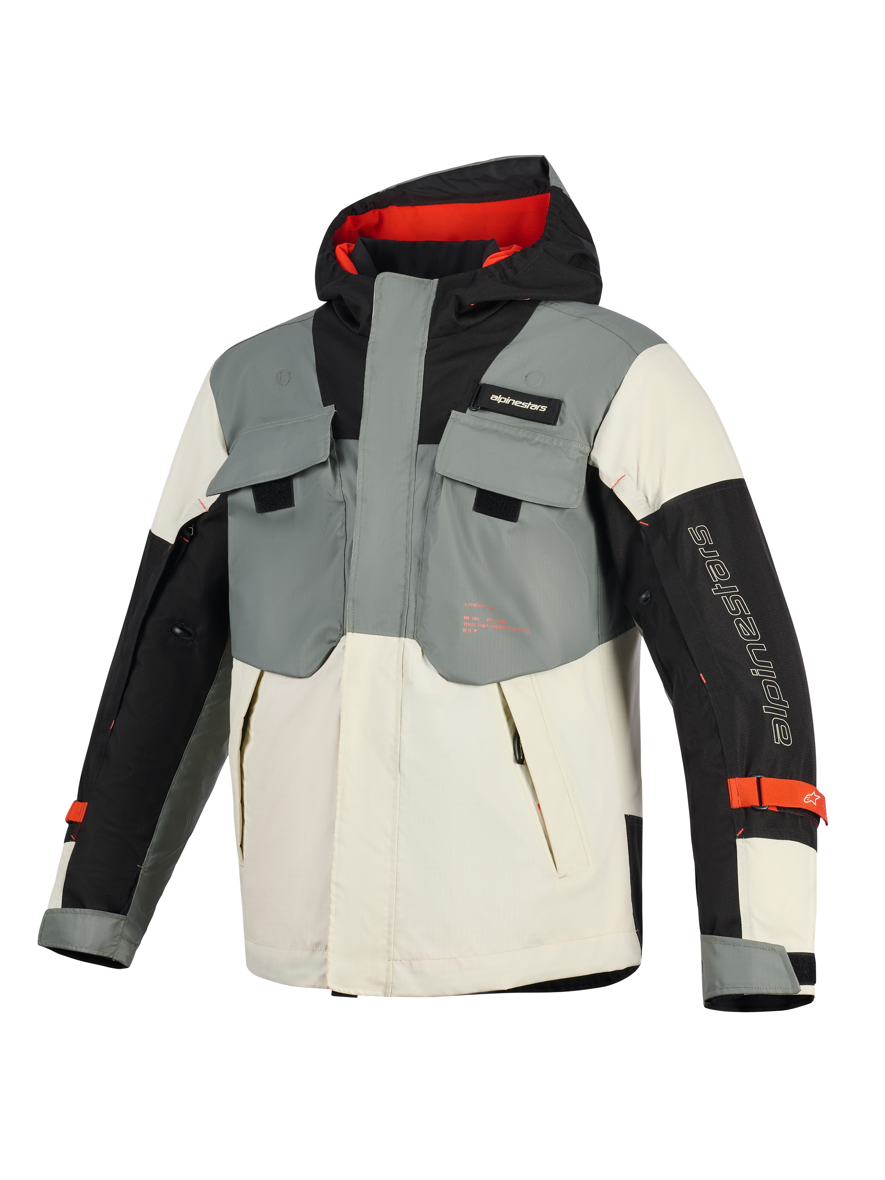 Alpinestars Mospher Waterproof Jacket, motorcycle parka, Fur Gray Black Ice, featuring multi-pocket tactical design, hooded silhouette with red interior, and Alpinestars branding on the sleeve