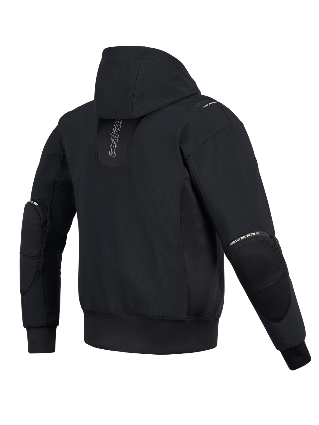 Alpinestars Moblast Waterproof Jacket, vista traseira, preto, hoodie de motociclismo urbano com logótipo vertical nas costas, construção técnica em softshell e ripstop, capuz fixo e fechos de correr externos para os protetores de cotovelo